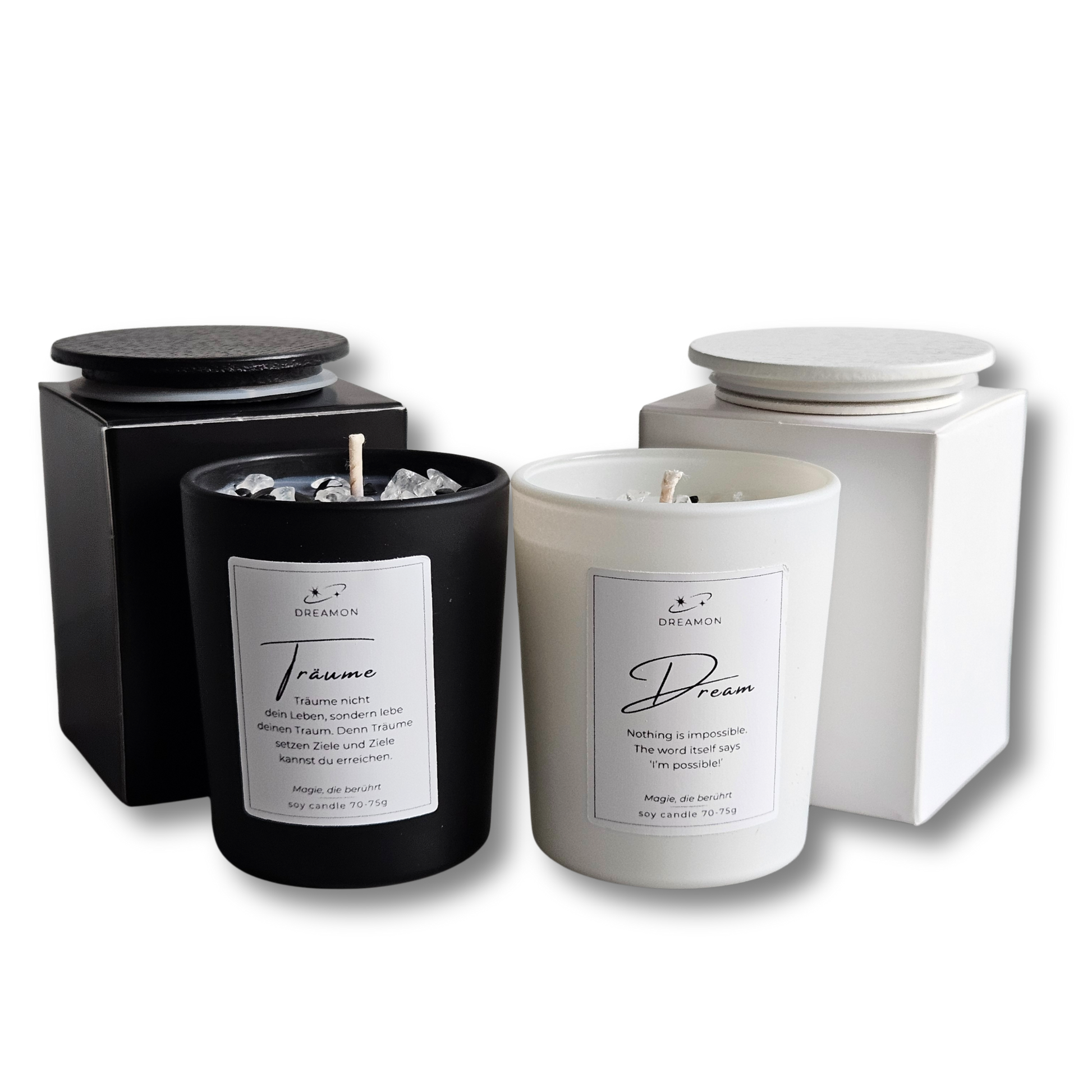 Duftkerze Zitat "Träume/Dreams" in schwarz oder weiss. Wird geliefert mit Holzdeckel in einer Geschenkbox