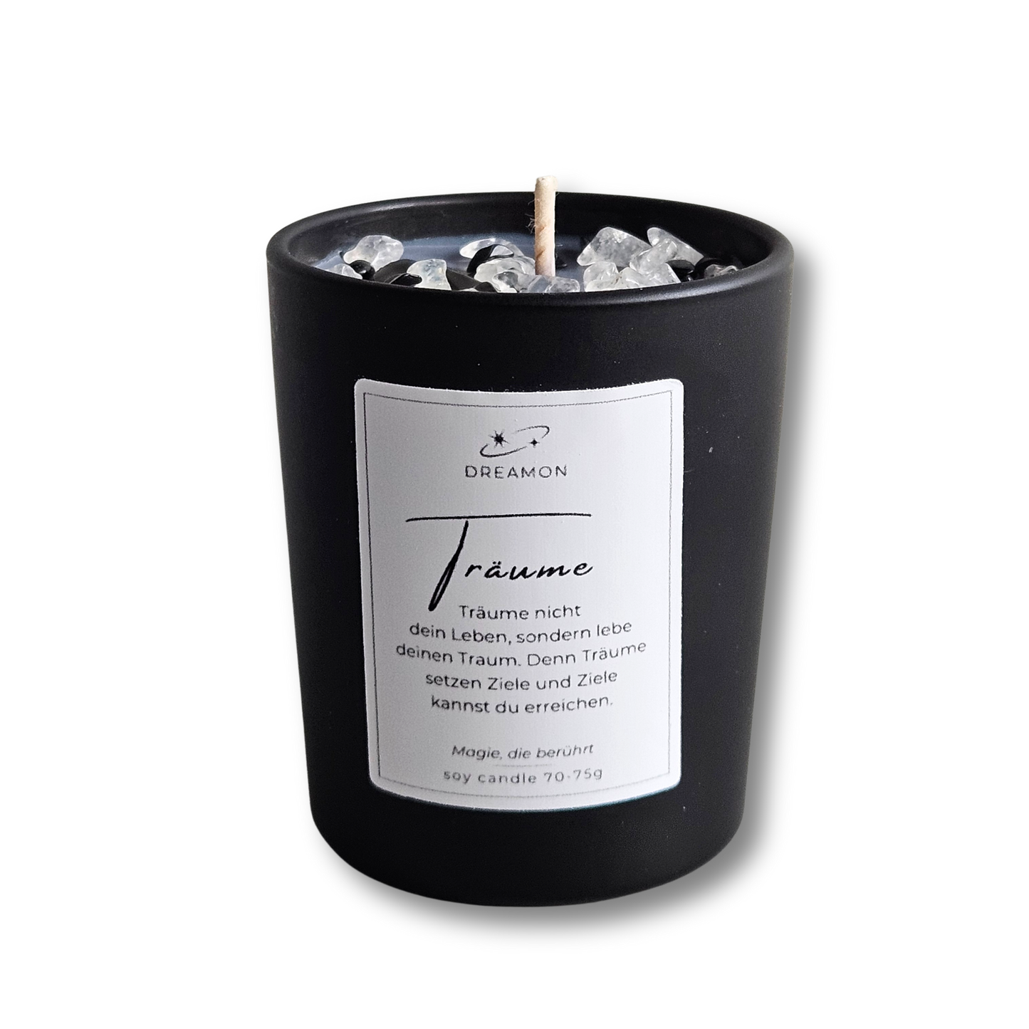 Duftkerze Zitat „Träume“ im schwarzen Glas mit Holzdeckel, Edelsteinen (Weißer Quarz, Schwarzer Obsidian) und wählbarem Zitatetikett (Deutsch oder Englisch).