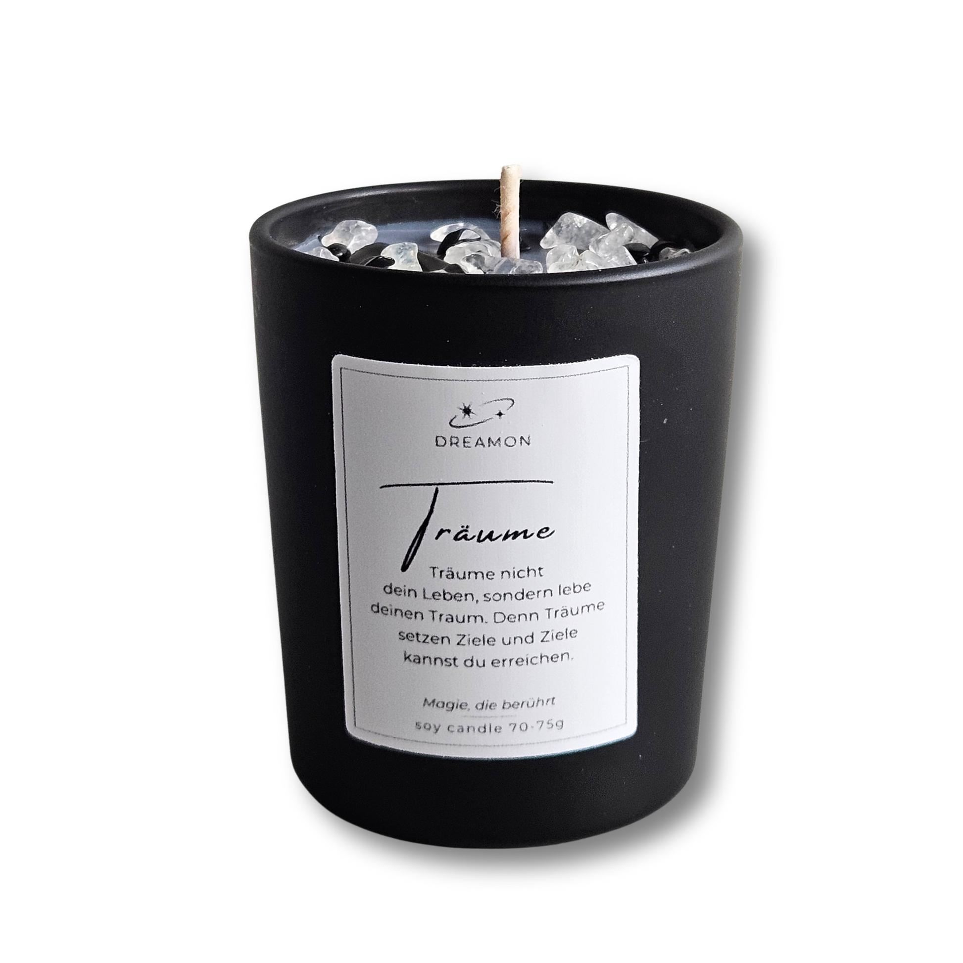 Duftkerze Zitat „Träume“ im schwarzen Glas mit Holzdeckel, Edelsteinen (Weißer Quarz, Schwarzer Obsidian) und wählbarem Zitatetikett (Deutsch oder Englisch).