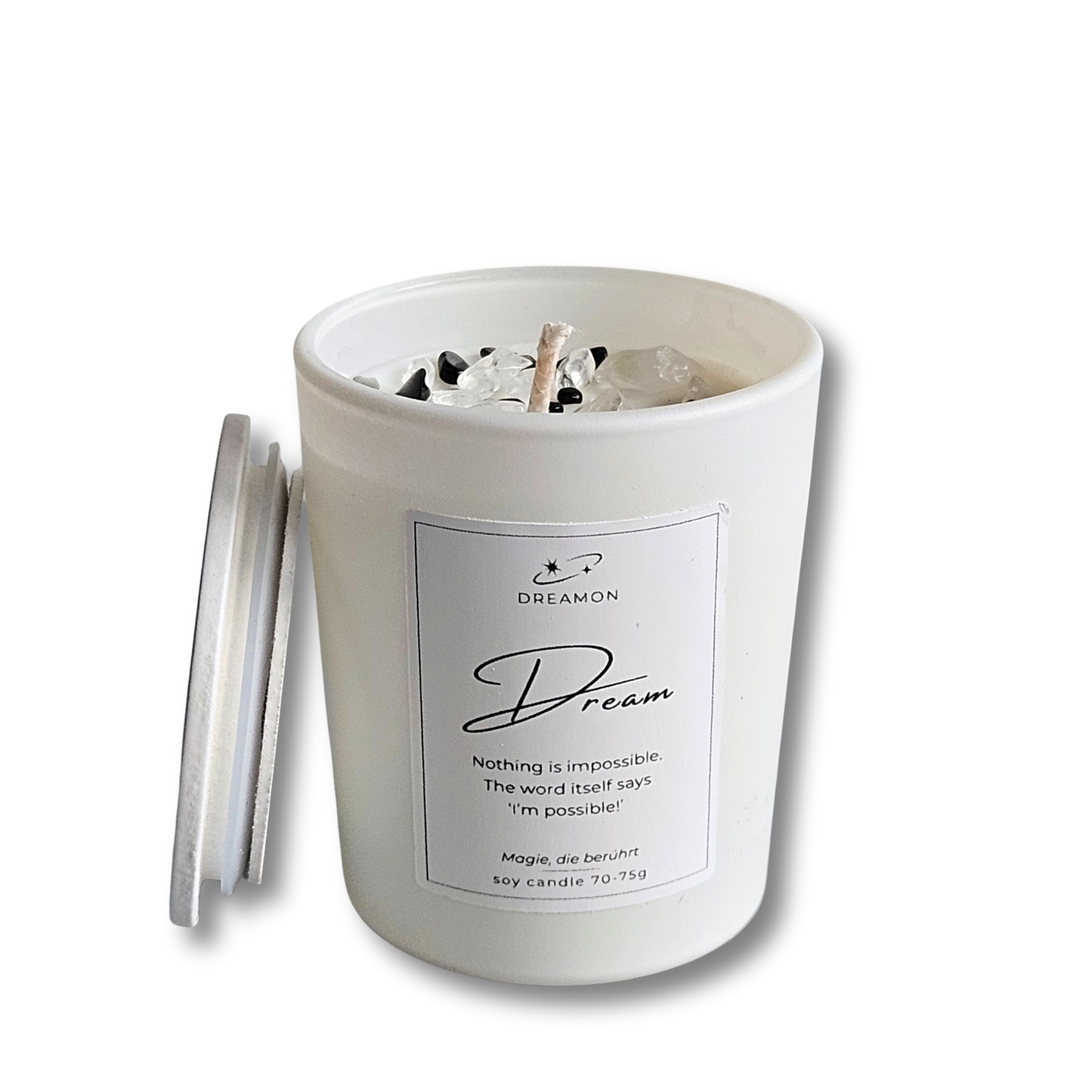 Duftkerze Zitat „Träume“ im weißen Glas mit Holzdeckel, dekoriert mit Weißem Quarz und Schwarzem Obsidian, Sojawachs, geliefert in Geschenkbox.