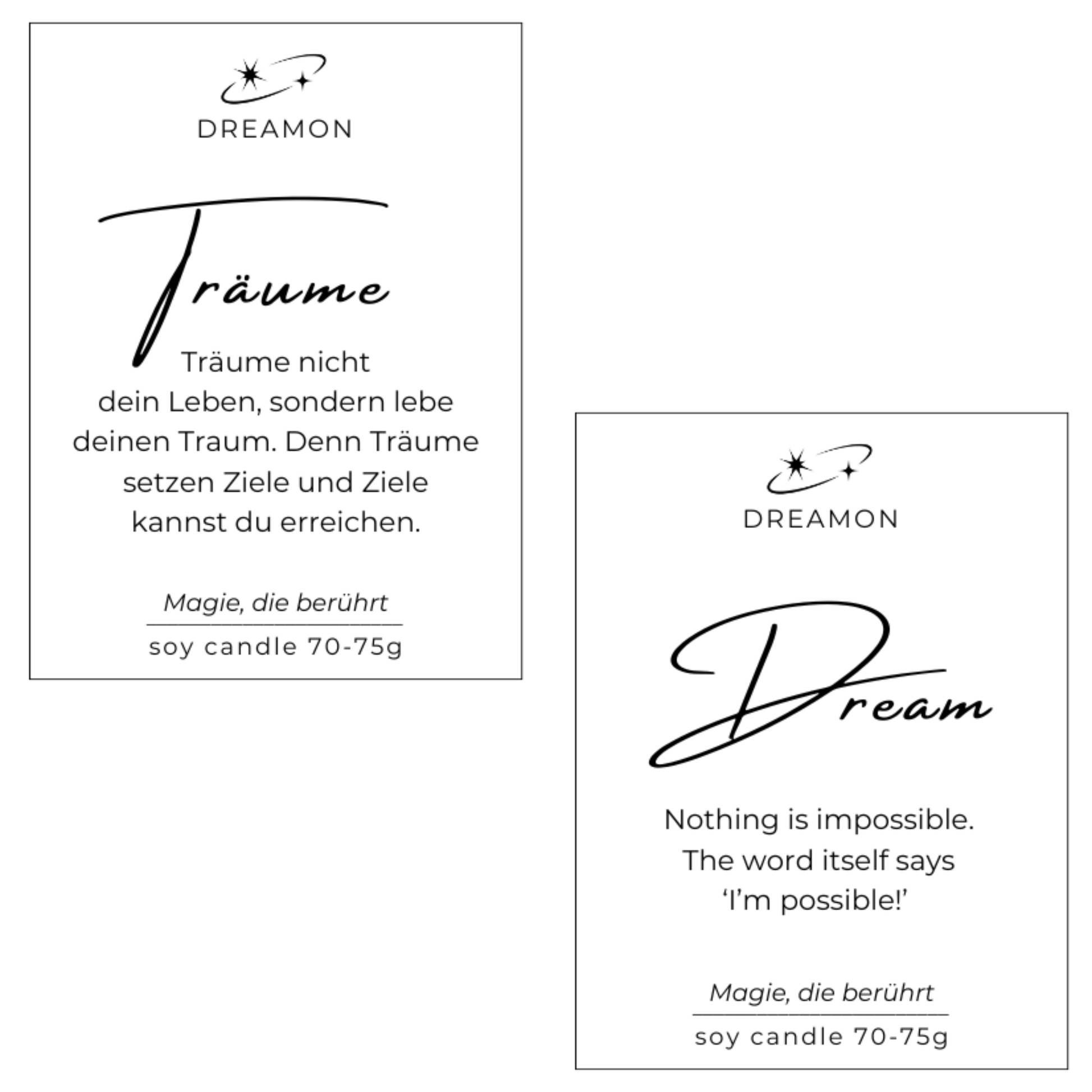 Etiketten der Duftkerze Zitat „Träume / Dreams“ mit inspirierenden Zitaten auf Deutsch und Englisch, Sojawachs, handgegossen mit Edelsteinen.