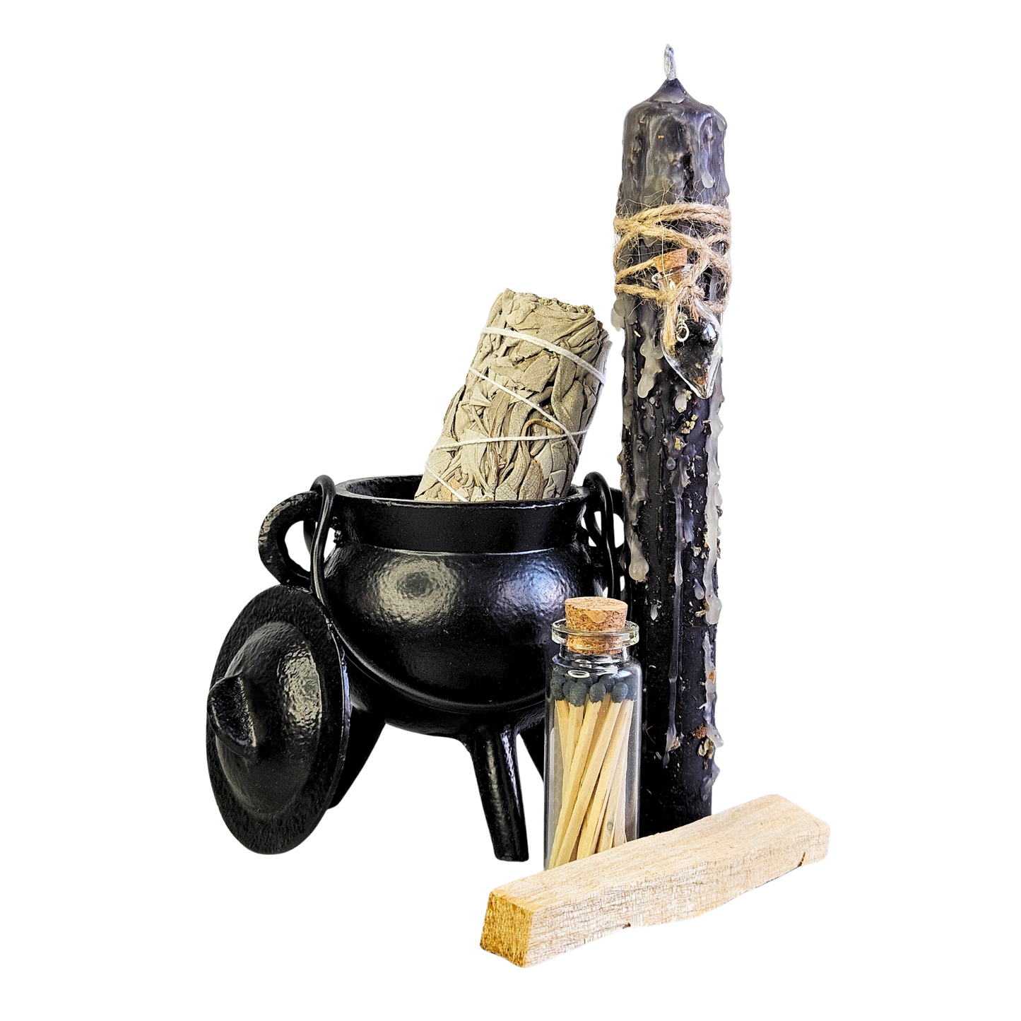 Hexenkessel-Schutzset mit schwarzem Cauldron, Ritualkerze, Salbei-Smudge, Palo Santo und Streichhölzern im Glas.