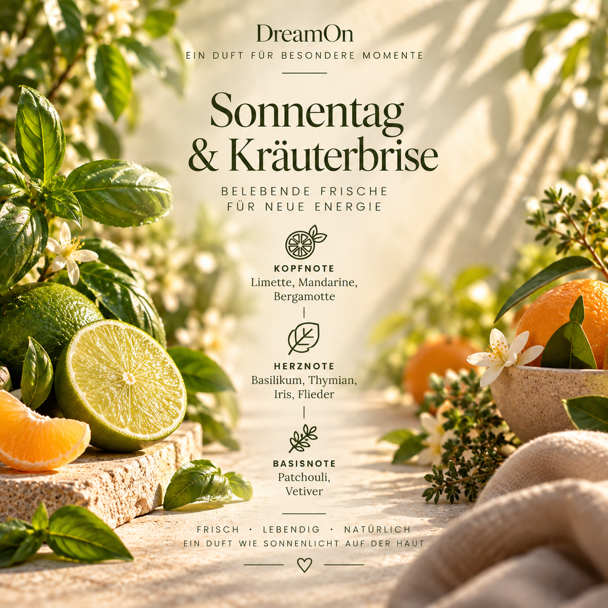 Sonnentag & Kräuterbrise Duftkomposition mit Limette, Mandarine, Basilikum und Kräutern – DreamOn