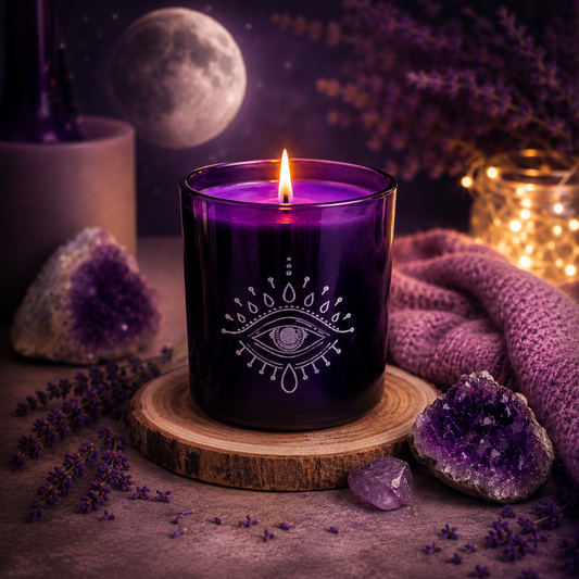 Lila Duftkerze LUNA im violetten Glas mit Augen-Symbol auf einer Holzscheibe, umgeben von Lavendel und Amethyst-Kristallen vor einem nächtlichen Mondhintergrund.