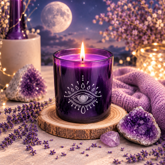 Lila Duftkerze LUNA im violetten Glas mit Augen-Symbol auf einer Holzscheibe, umgeben von Lavendel und Amethyst-Kristallen vor einem nächtlichen Mondhintergrund.