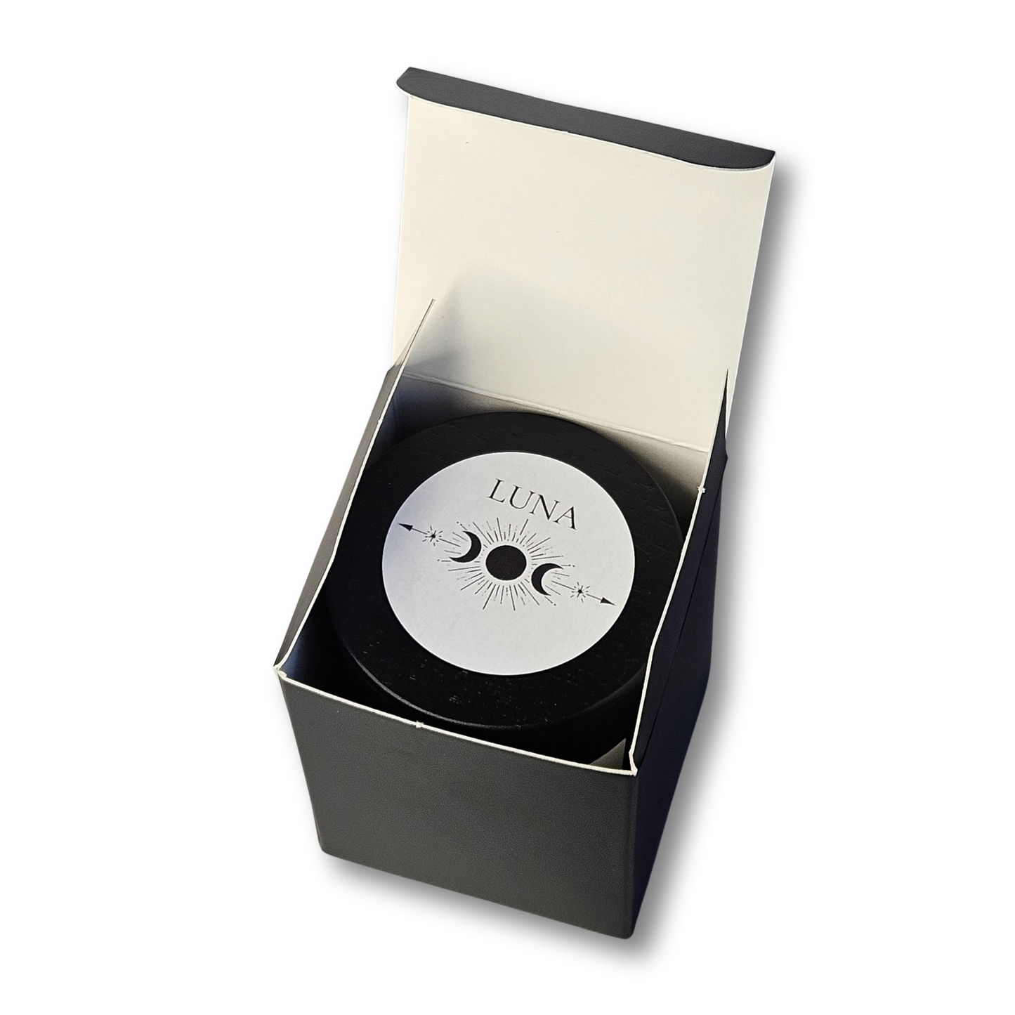 LUNA Moonlight Candle in schwarzer Geschenkbox, Ansicht von oben