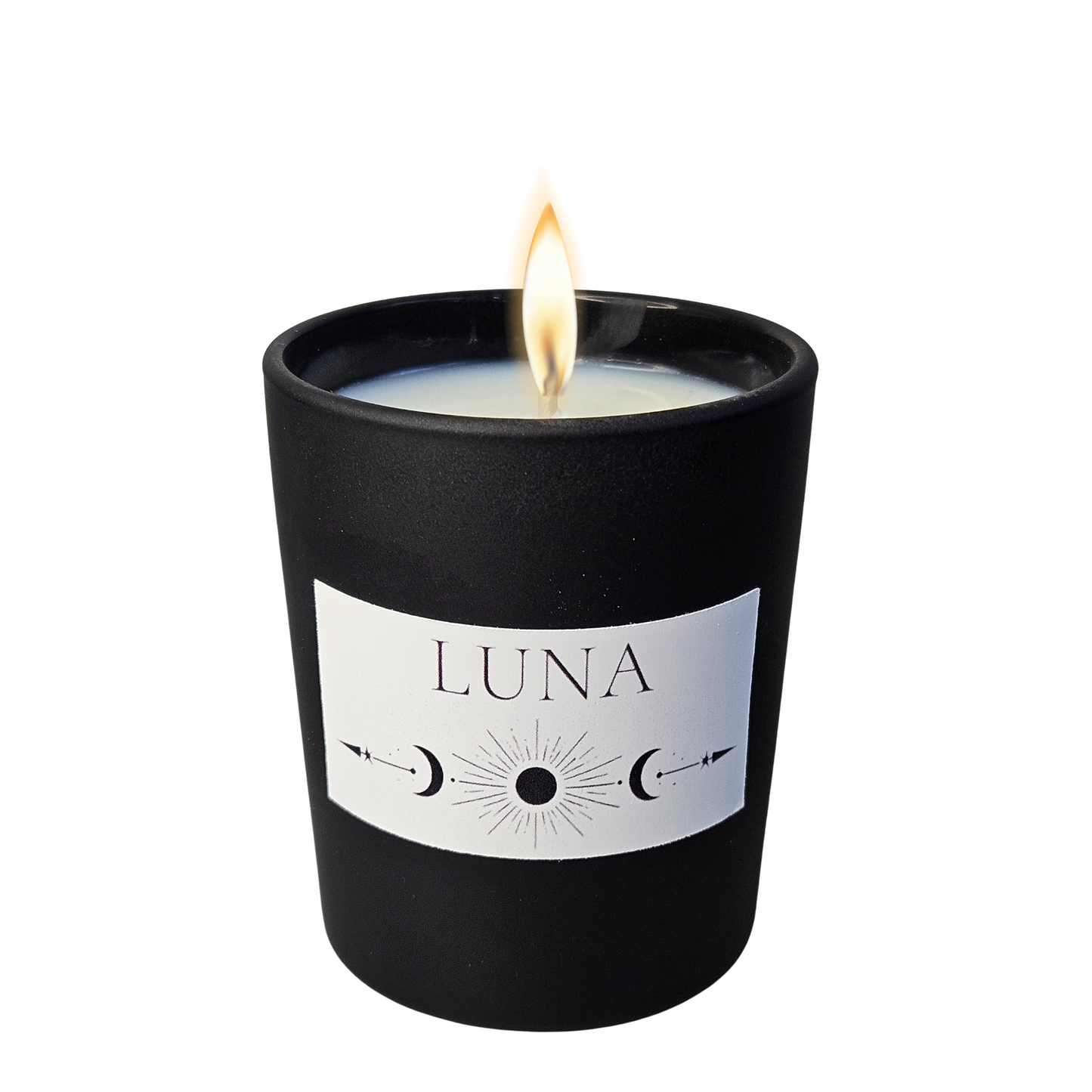 Angezündete LUNA Duftkerze aus schwarzem Glas mit Mondsymbol