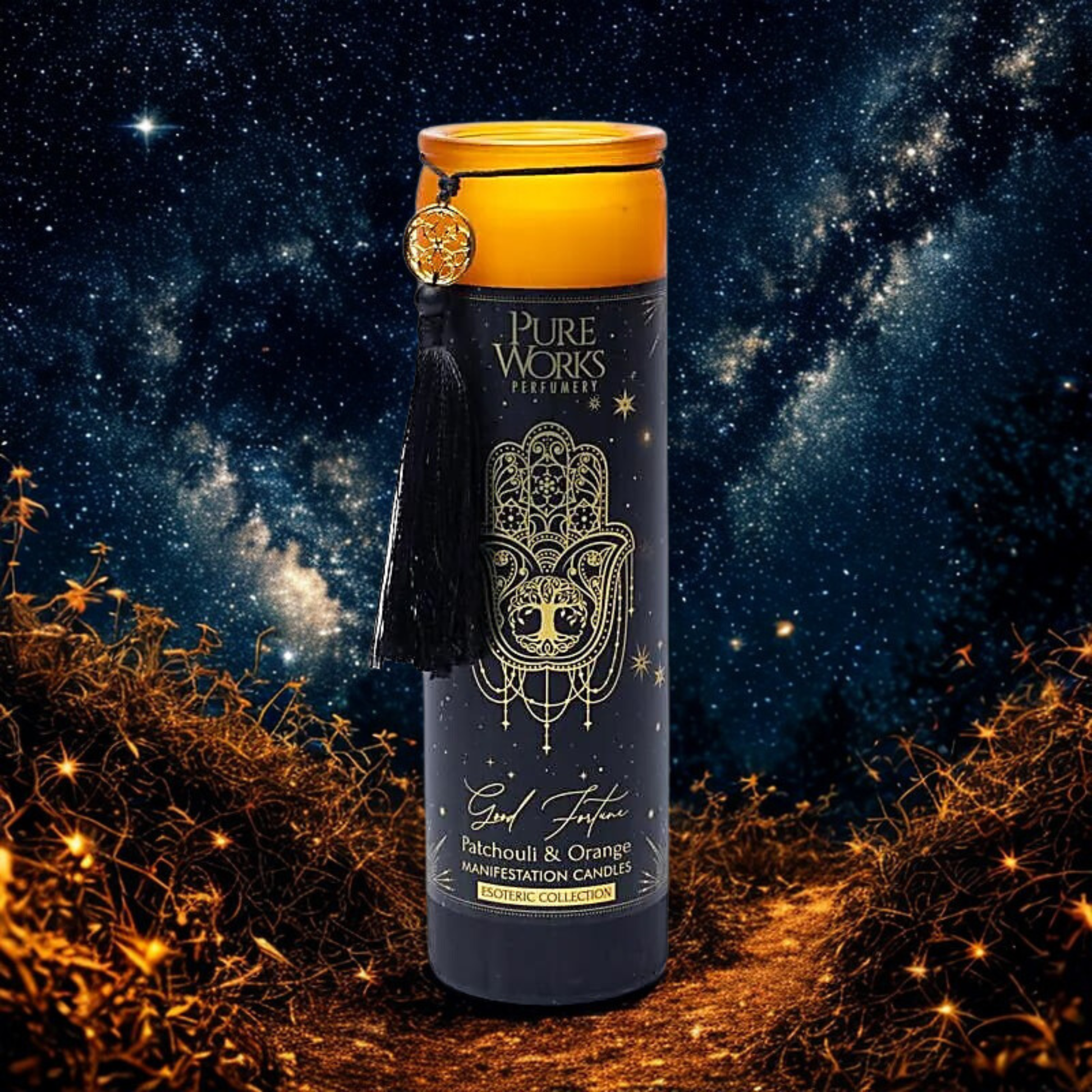 Spirituelle Manifestationskerze von Song of India – Good Fortune. Spiritueller Hintergrund