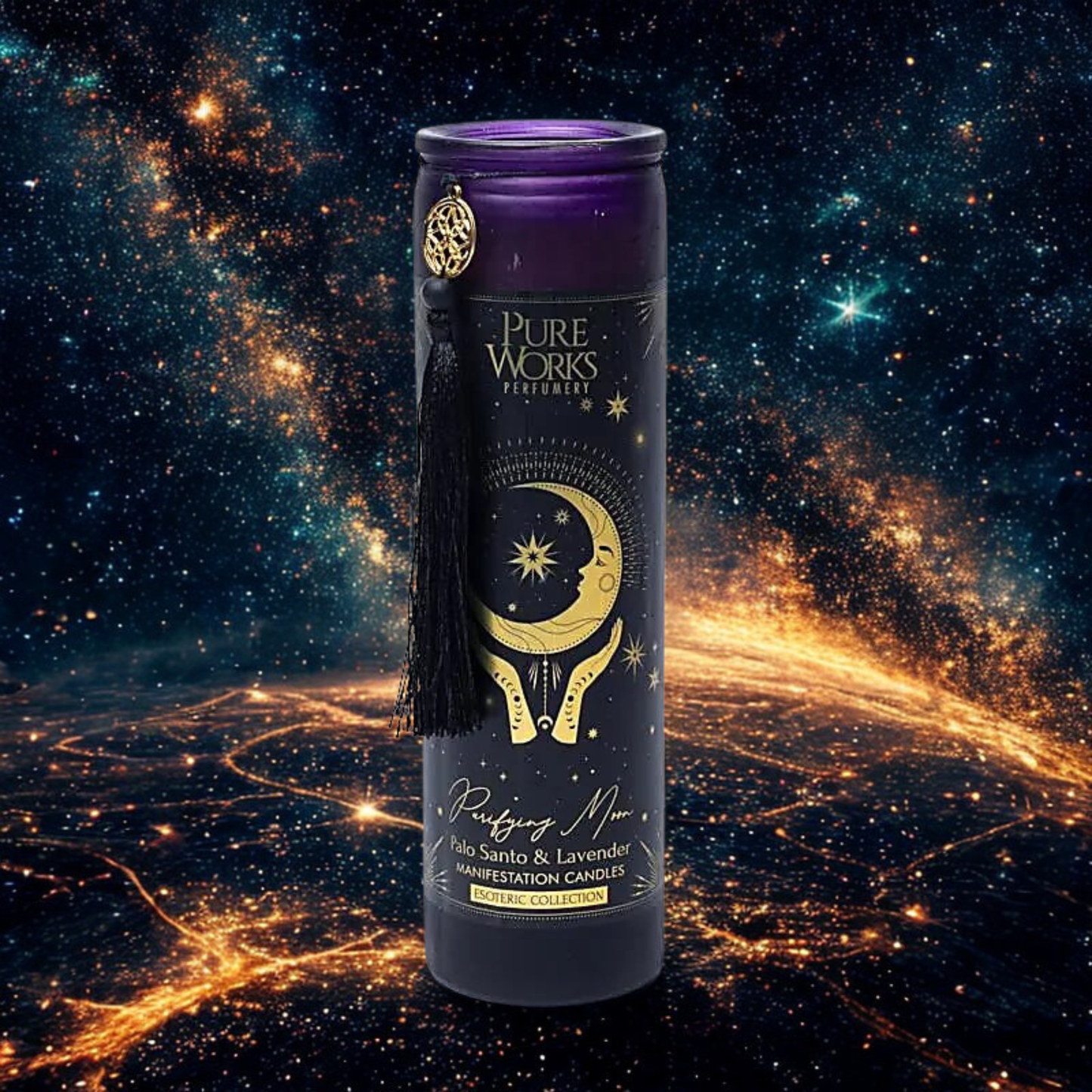 Spirituelle Manifestationskerze von Song of India – Reinigender Mond. Spiritueller Hintergrund.