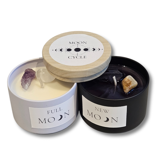 Moon Cycle Candle Full Moon in heller Blechdose mit Holzdeckel Optik – Ritualkerze für Loslassen und Klarheit