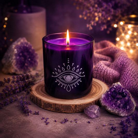 Lila Duftkerze Starry Night im violetten Glas mit Design-Element auf einer Holzscheibe, dekorativ arrangiert mit einer gemütlichen Decke vor einem nächtlichen Sternenhimmel.
