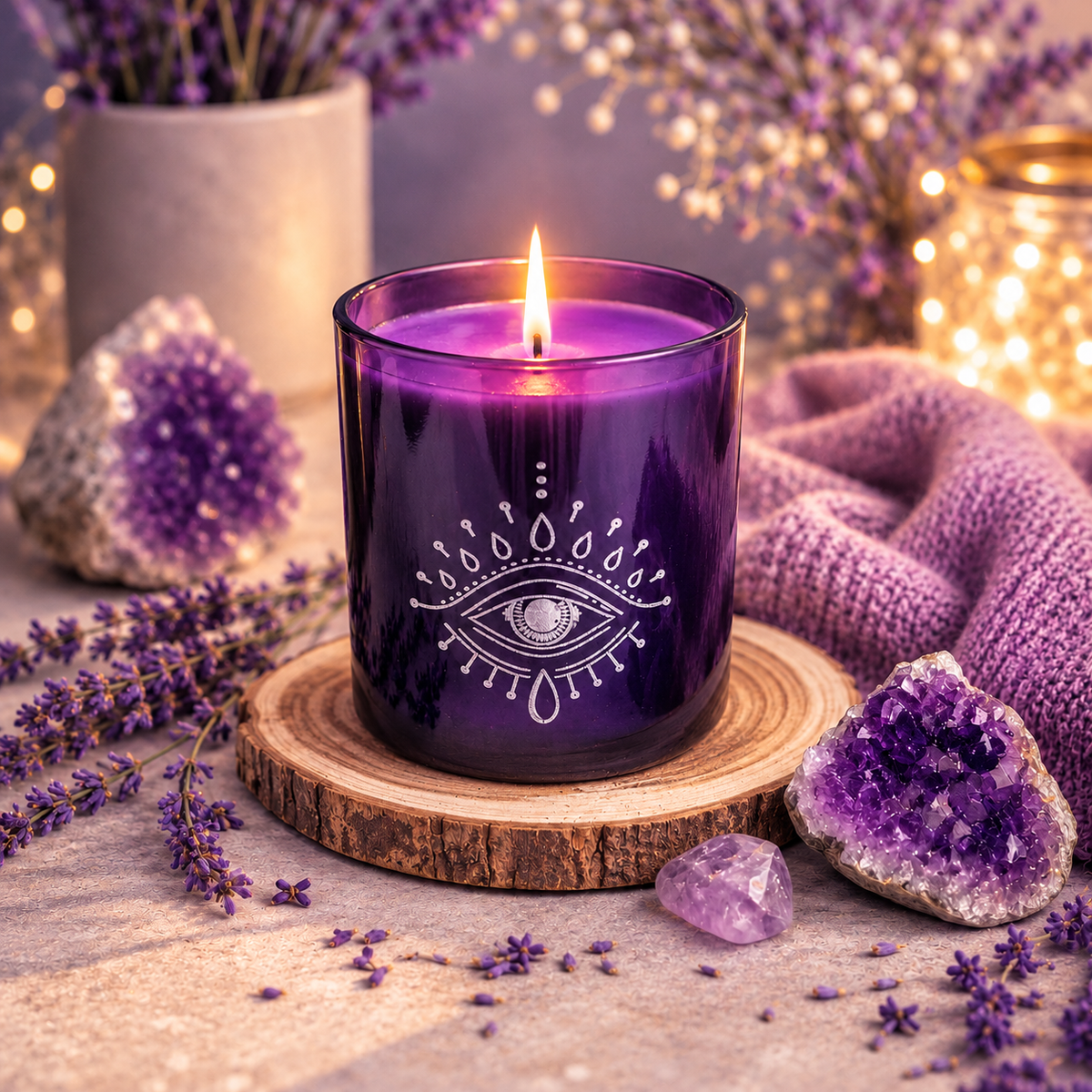 Lila Duftkerze Starry Night im violetten Glas mit Design-Element auf einer Holzscheibe, dekorativ arrangiert mit einer gemütlichen Decke vor einem nächtlichen Sternenhimmel.