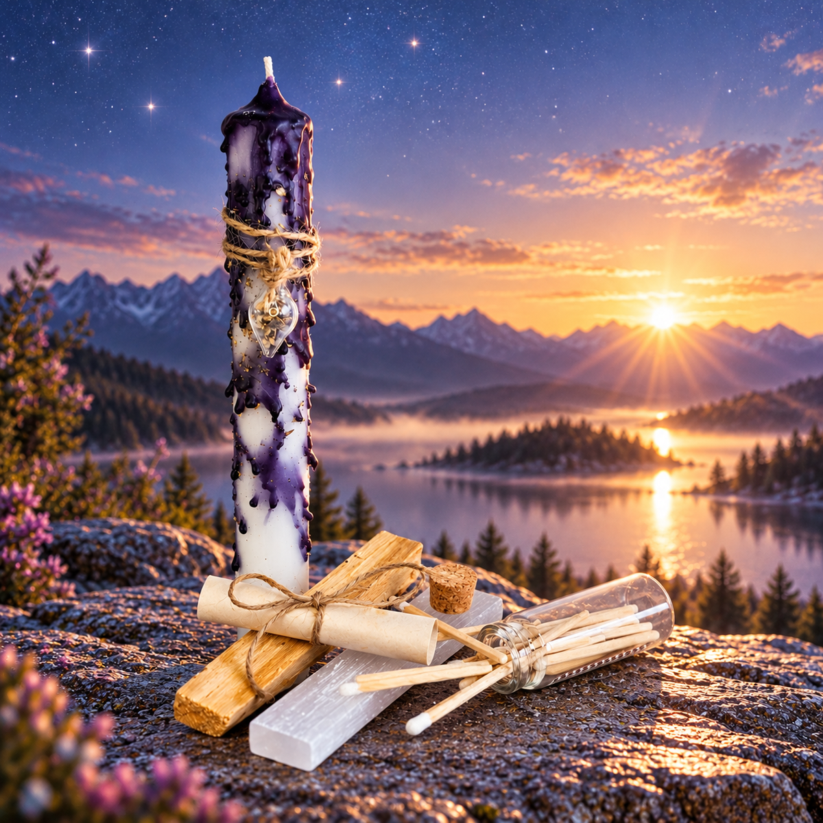 DreamOn Ritualset Neuanfang mit violett-weisser Ritualkerze, Selenit, Palo Santo, Wunschzettel und Streichhölzern vor magischem Sternenhimmel mit Sonnenaufgang.