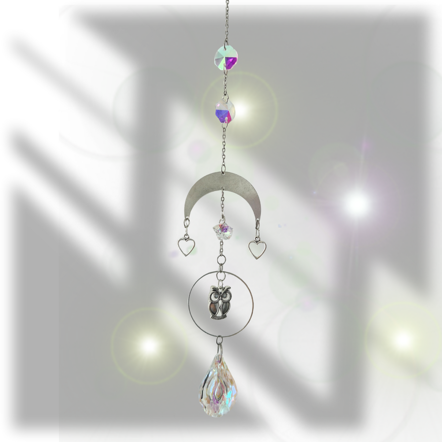 Magischer Suncatcher mit Eule, Herzen & Halbmond