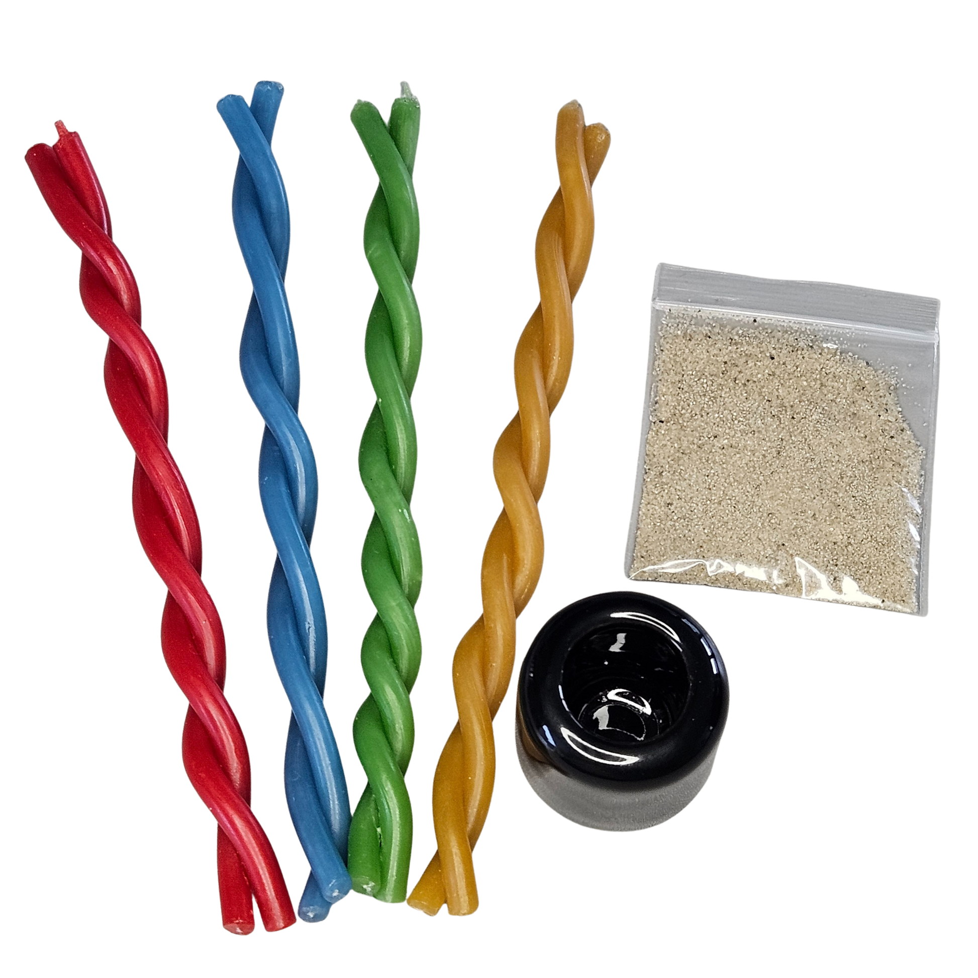 Vier handgedrehte Bienenwachskerzen in Rot, Blau, Grün und Gelb mit schwarzem Keramik-Kerzenhalter und Sandbeutel – Pure Essence Ritual Set von DreamOn.