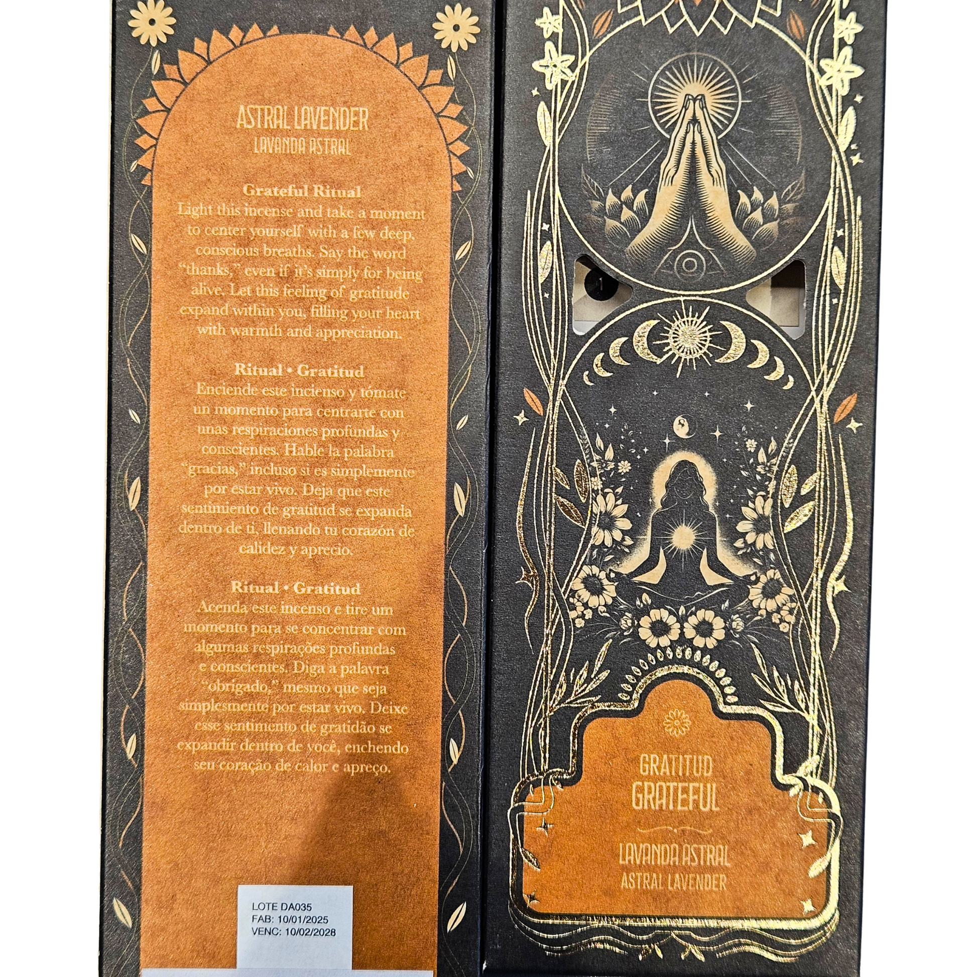 Rückseite der Sagrada Madre Ritualräucherstäbchen Gratitude – Astral Lavender mit Ritualbeschreibung.