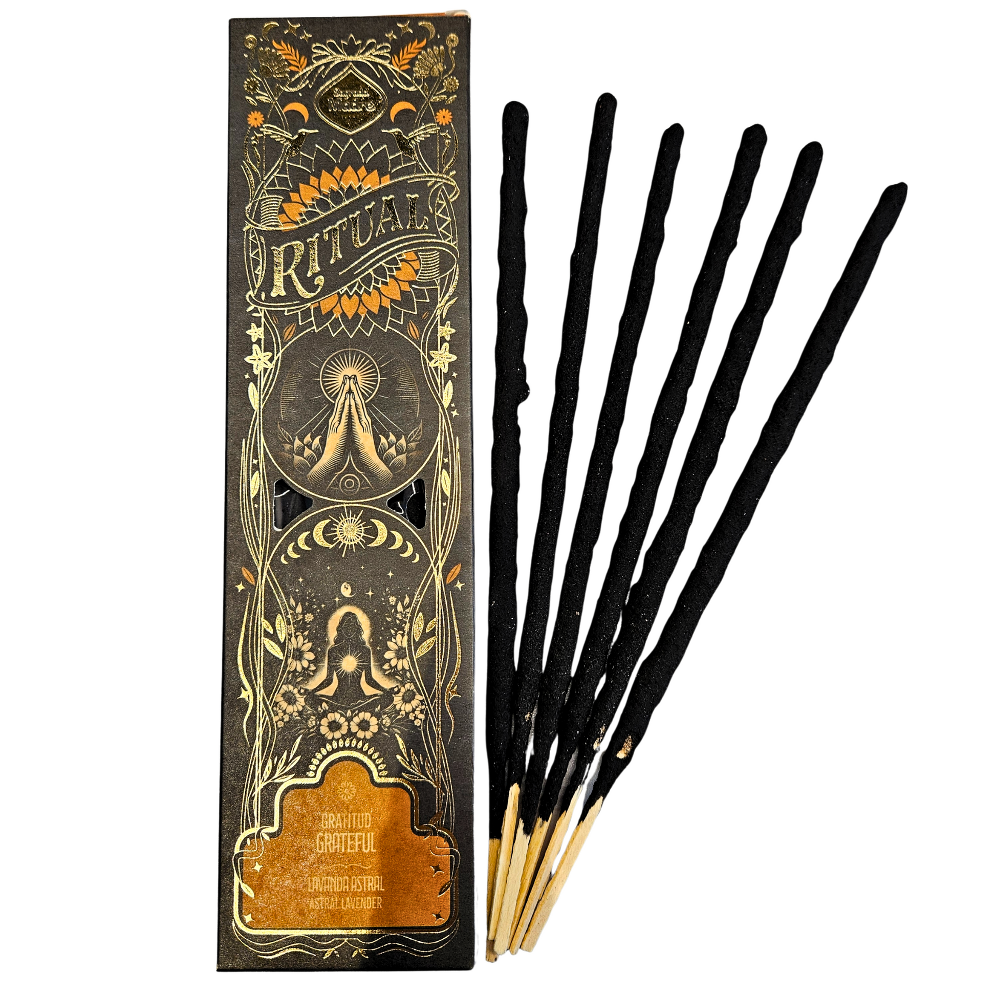 Packung der Sagrada Madre Ritualräucherstäbchen Gratitude – Astral Lavender mit sechs langen Räucherstäbchen.