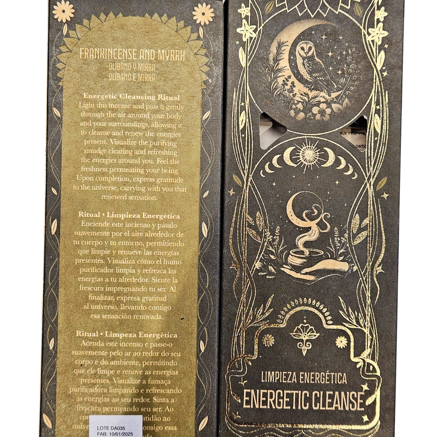 Rückseite der Sagrada Madre Ritualräucherstäbchen Energetic Cleanse – Frankincense & Myrrh mit Ritualbeschreibung.