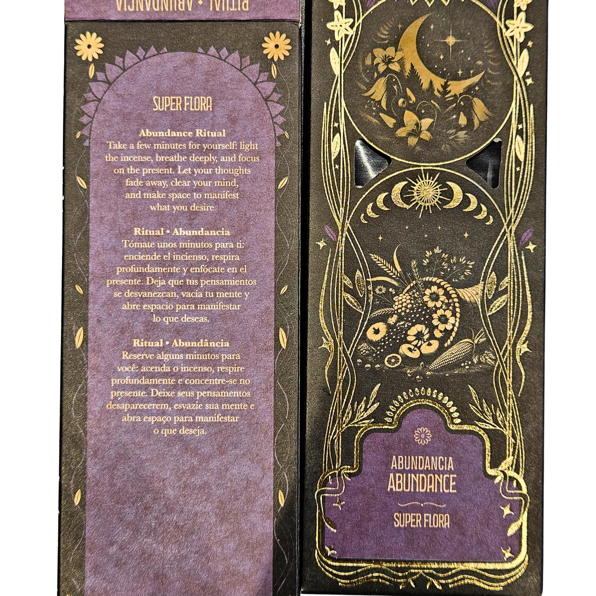Rückseite der Sagrada Madre Ritualräucherstäbchen Abundance – Super Flora mit Ritualbeschreibung.