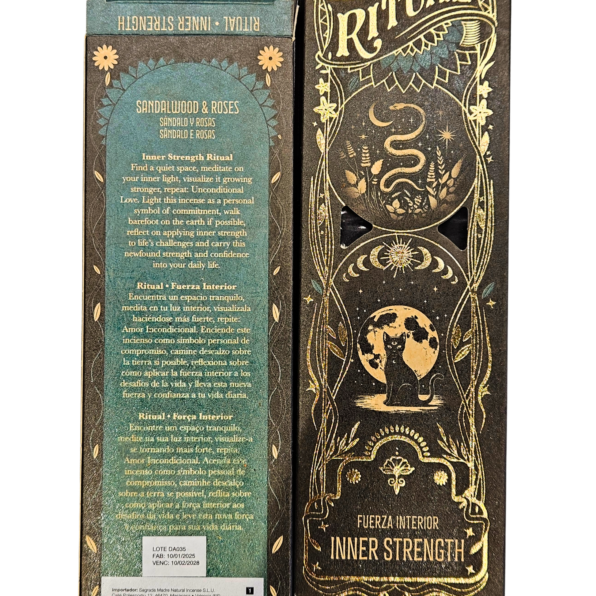 Rückseite der Sagrada Madre Ritualräucherstäbchen Inner Strength – Sandalwood & Roses mit Ritualbeschreibung.