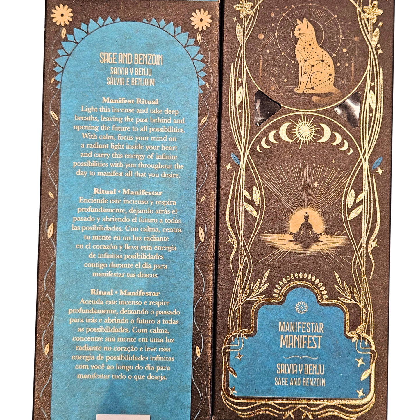 Rückseite der Sagrada Madre Ritualräucherstäbchen Manifest – Sage & Benzoin mit Ritualbeschreibung.