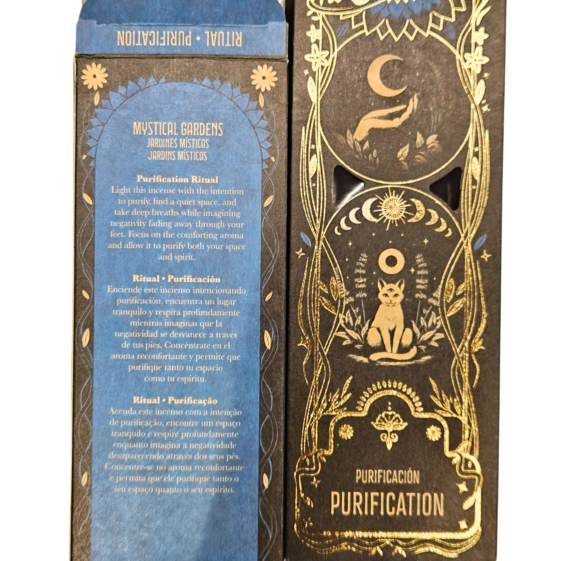 Rückseite der Sagrada Madre Ritualräucherstäbchen Purification – Mystical Gardens mit Ritualbeschreibung.