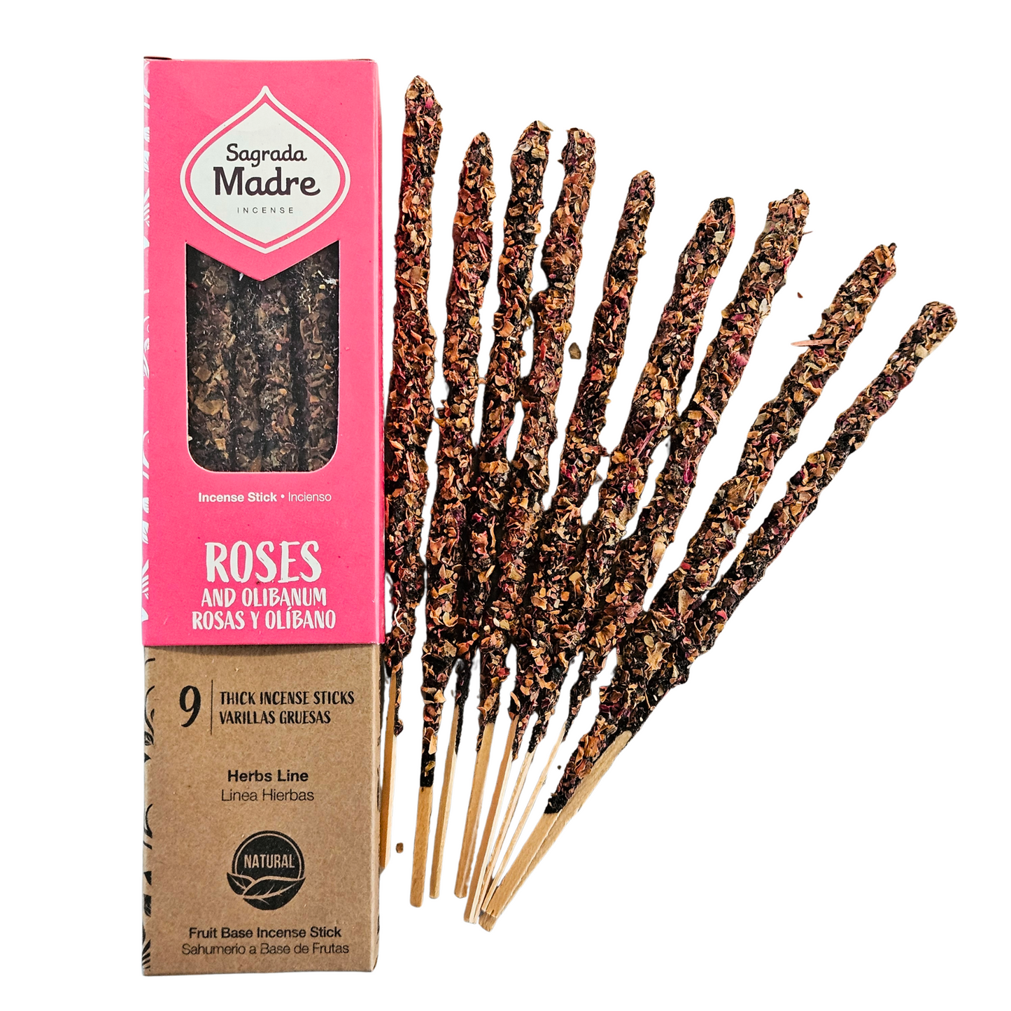 Offene Verpackung mit Rosen & Olibanum Räucherstäbchen und Schale mit Rosenblättern.