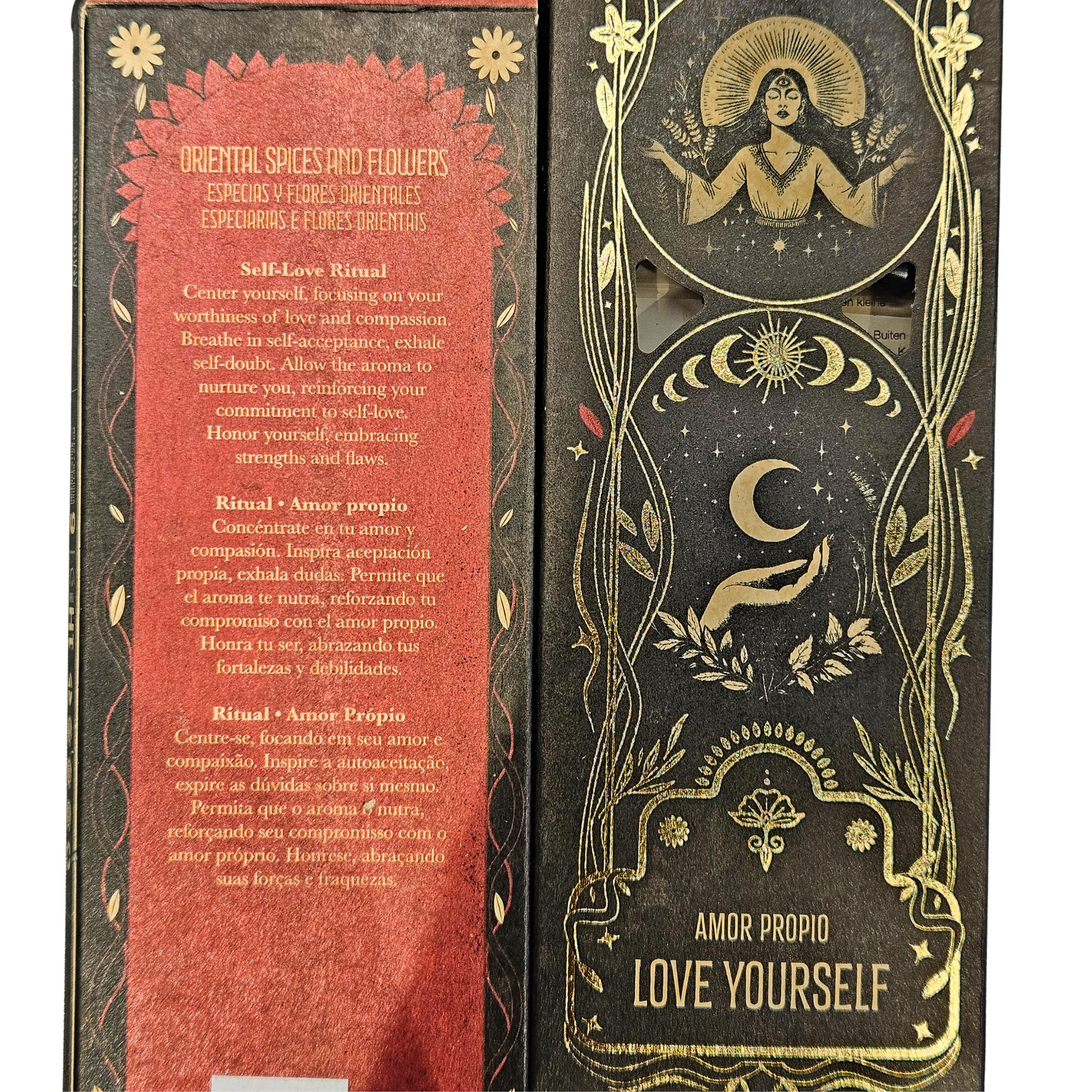 Rückseite der Sagrada Madre Ritualräucherstäbchen Love Yourself – Oriental Spices & Flowers mit Ritualbeschreibung.
