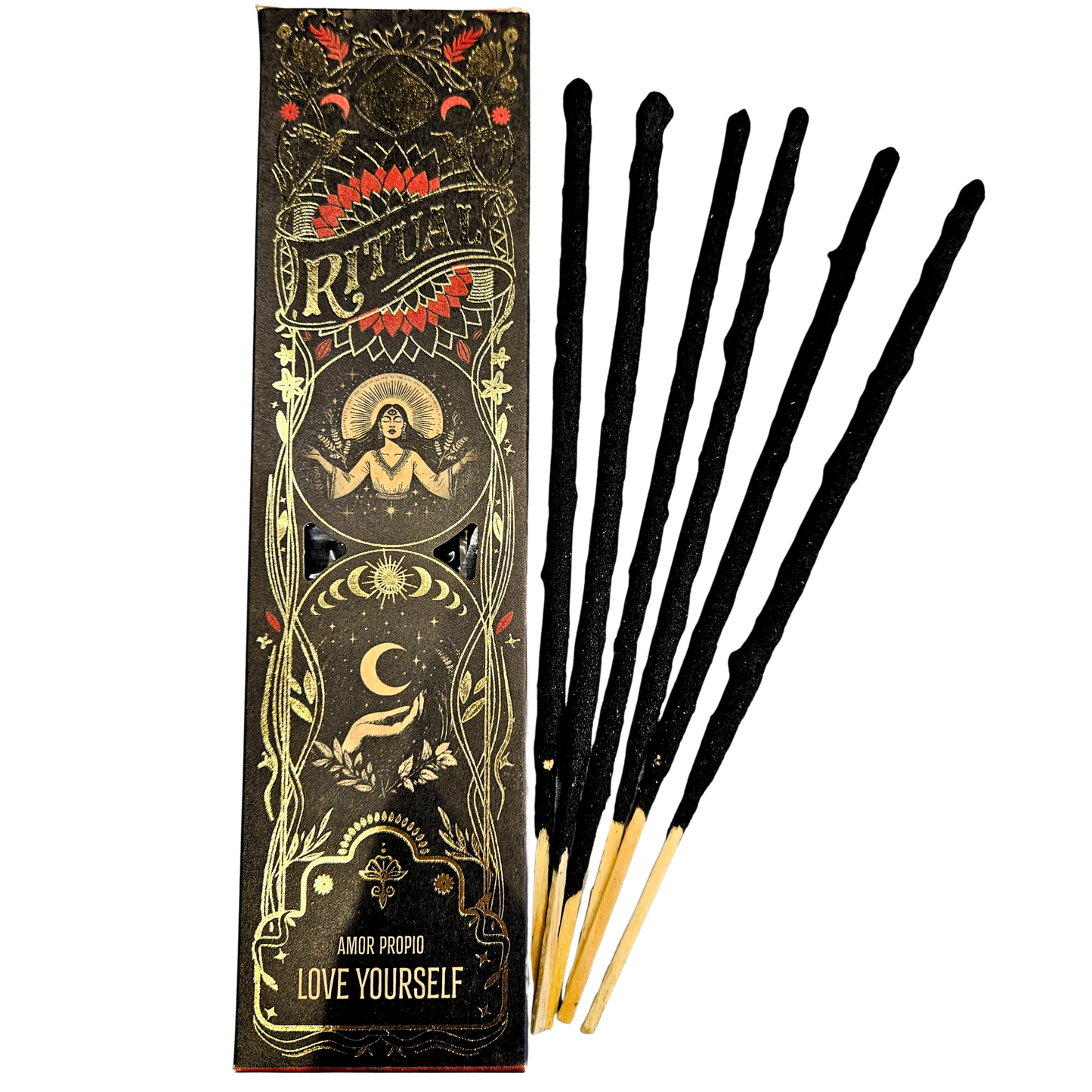 Packung der Sagrada Madre Ritualräucherstäbchen Love Yourself – Oriental Spices & Flowers mit sechs langen Räucherstäbchen.