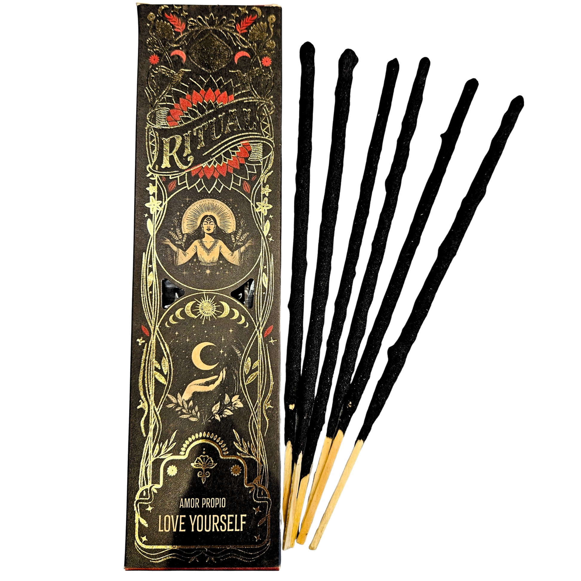 Packung der Sagrada Madre Ritualräucherstäbchen Love Yourself – Oriental Spices & Flowers mit sechs langen Räucherstäbchen.