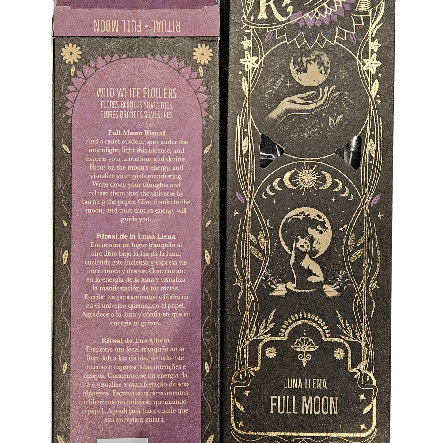 Rückseite der Sagrada Madre Ritualräucherstäbchen Full Moon – Wild White Flowers mit Ritualbeschreibung.