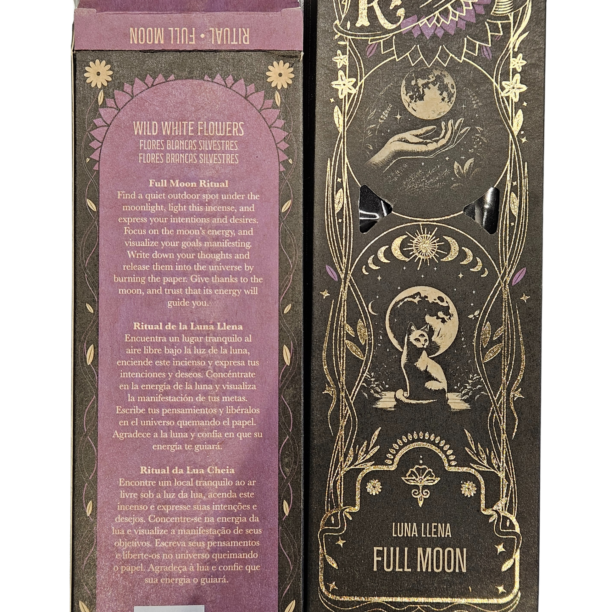 Rückseite der Sagrada Madre Ritualräucherstäbchen Full Moon – Wild White Flowers mit Ritualbeschreibung.