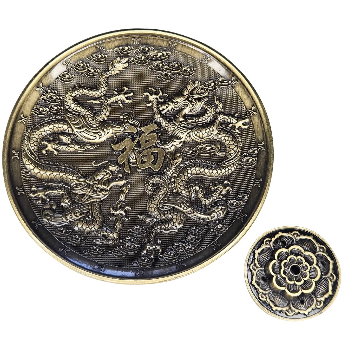 Bronzefarbener Räucherstäbchenhalter mit Drachenmotiv und chinesischem Zeichen, runder Teller 10 cm, passend für breite Ritual-Räucherstäbchen