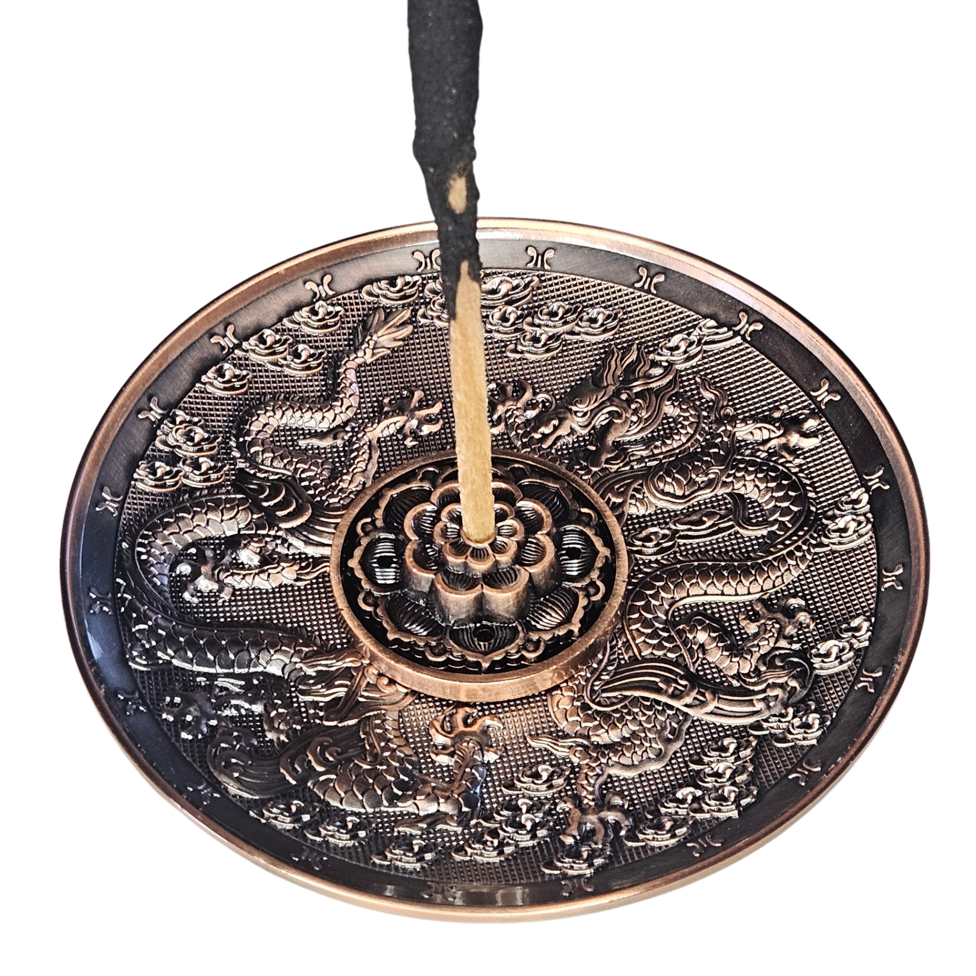 Bronzefarbener Drachen Räucherstäbchenhalter mit herausnehmbarem Mittelteil und mehreren Öffnungen für breite Räucherstäbchen