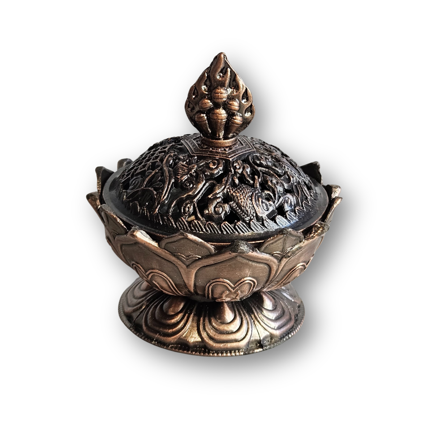 Lotus Räucherhalter aus Zink mit tibetischen Glückssymbolen