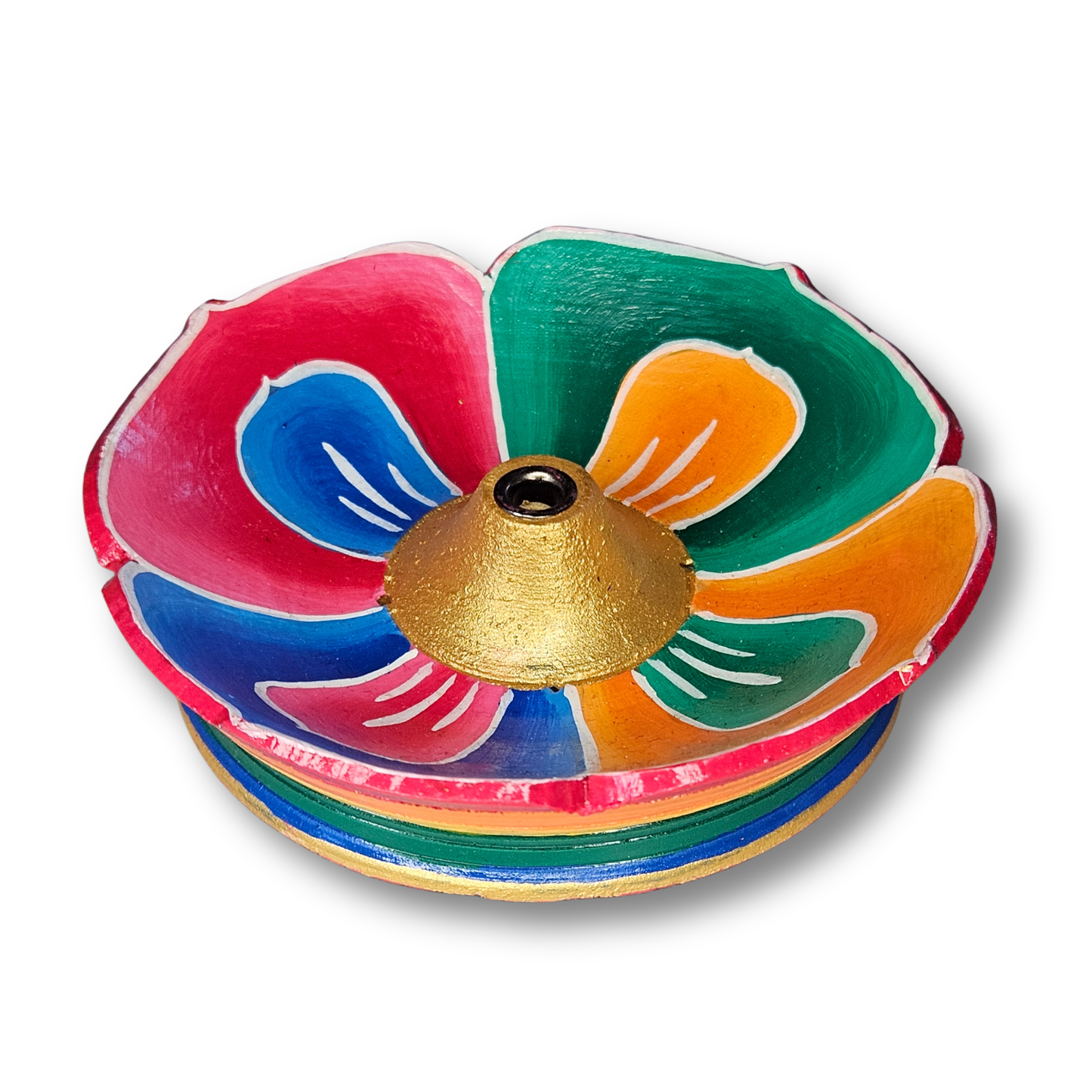 Handgefertigter Räucherstäbchenhalter Lotus aus Holz, bunt bemalt, passend für breite Ritual-Räucherstäbchen, Herkunft Nepal