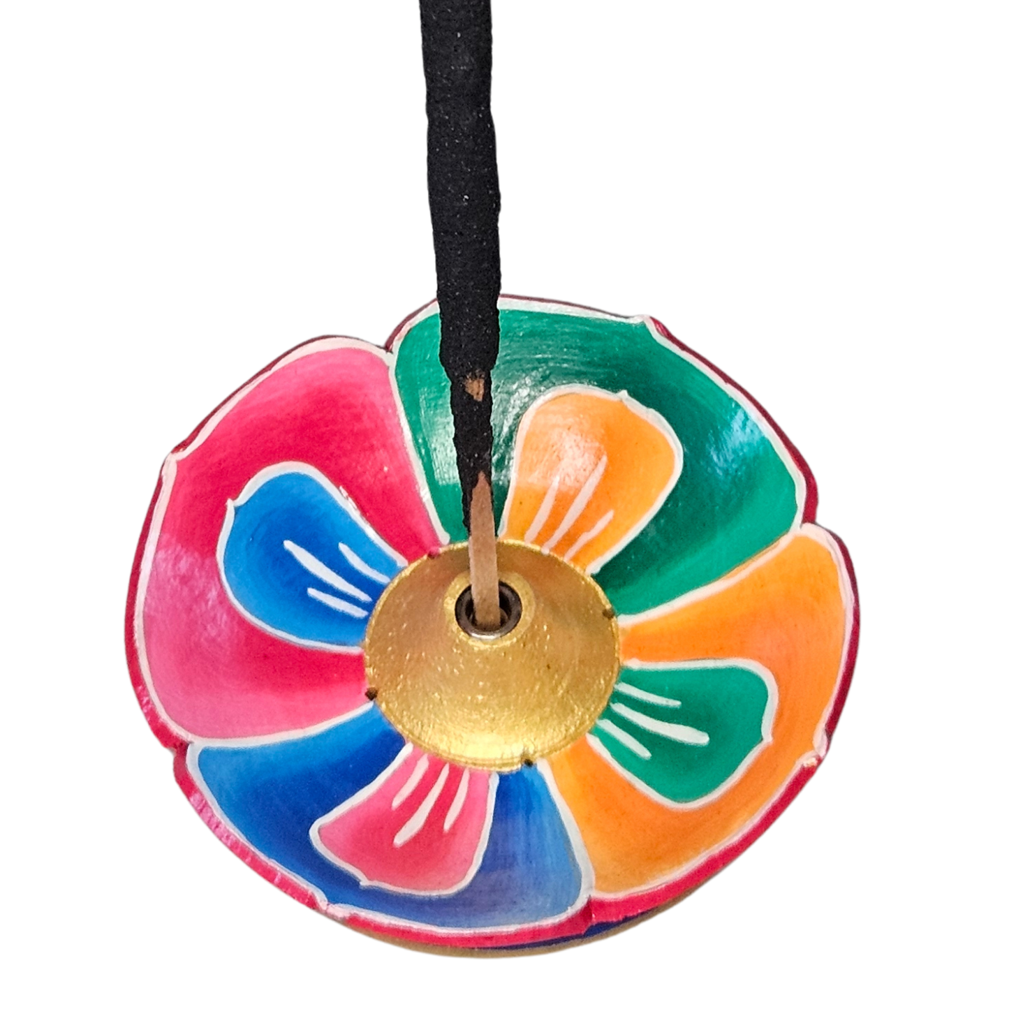 Bunter Lotus Räucherstäbchenhalter aus Holz mit eingesetztem breiten Ritual-Räucherstäbchen, handgefertigt in Nepal