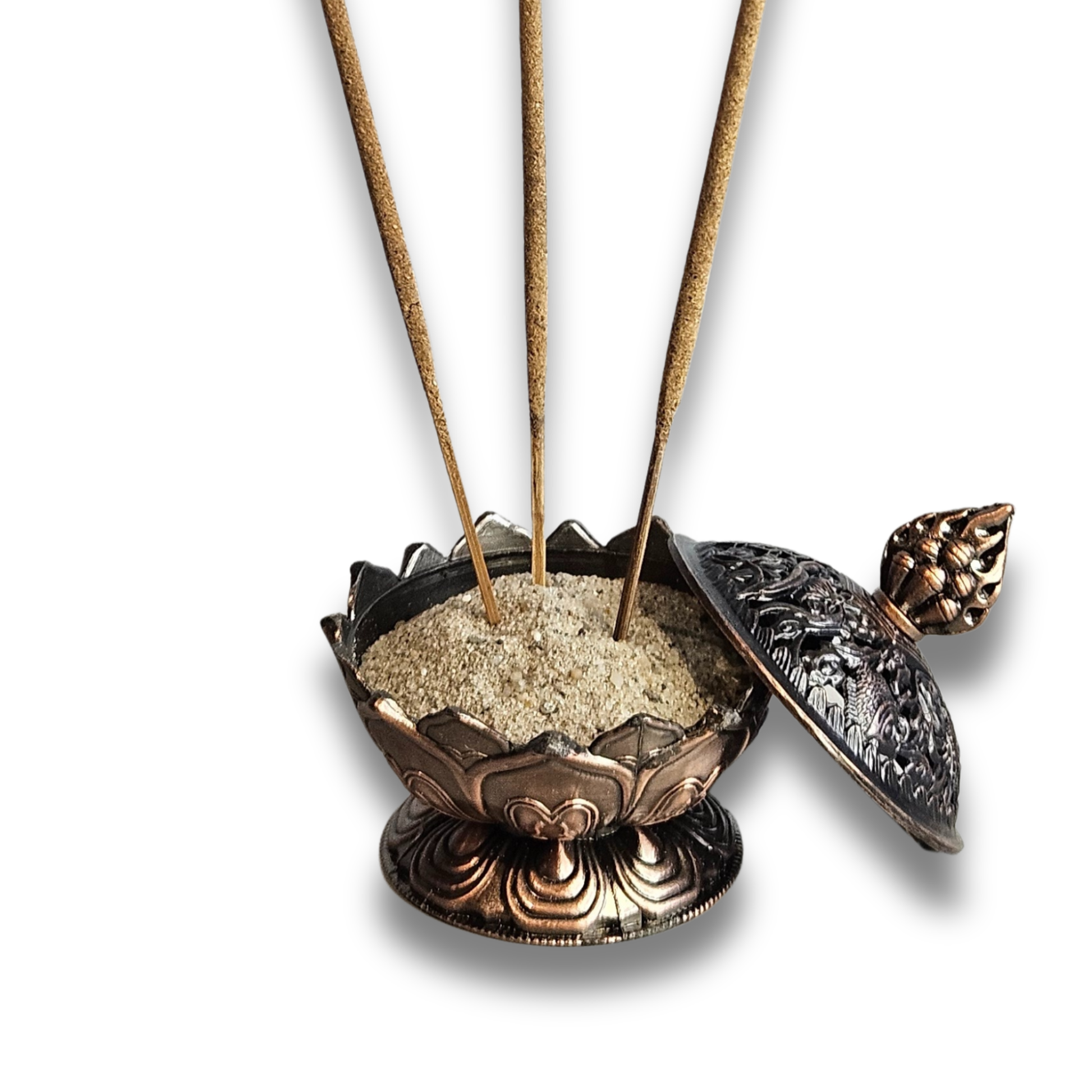 Kupferfarbener Räucherstäbchenhalter in Lotusform mit verziertem Deckel