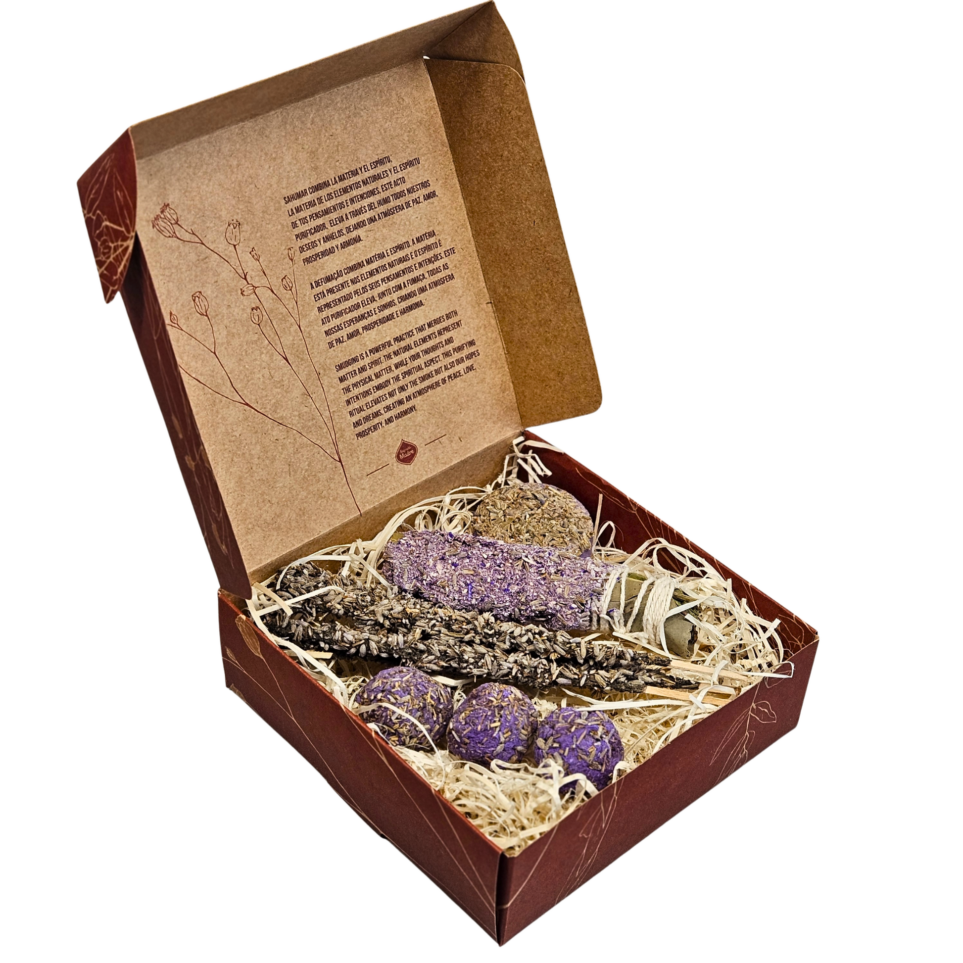 Geöffnete Herbal Kit Box von Sagrada Madre mit verschiedenen Räucherwerken und einer Beschreibung im Deckel – für Entspannung und Harmonisierung.