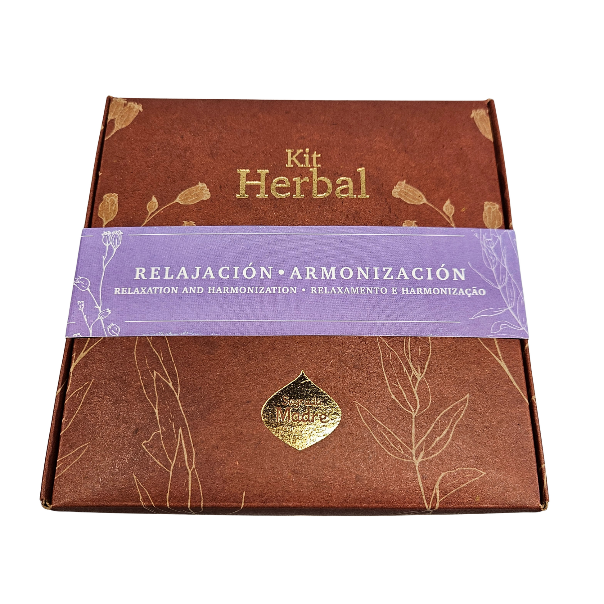 Sagrada Madre Herbal Kit – Räucherwerk Set Entspannung mit brauner Box, violettem Banderolen-Etikett und goldener Aufschrift ‚Relaxation and Harmonization‘