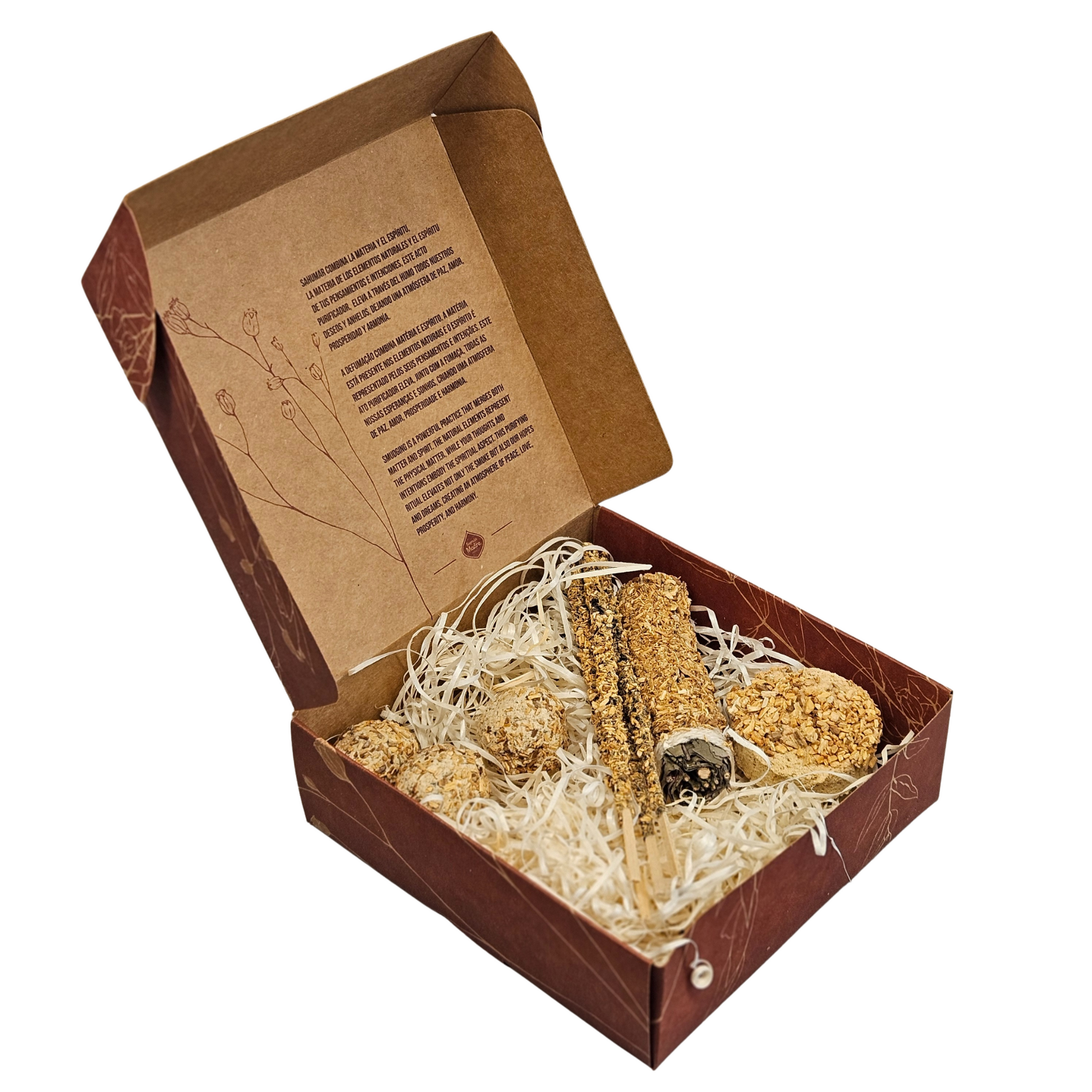 Geöffnete Herbal Kit Box Reinigung von Sagrada Madre mit Räucherwerken und Beschreibung im Deckel – zur energetischen Klärung