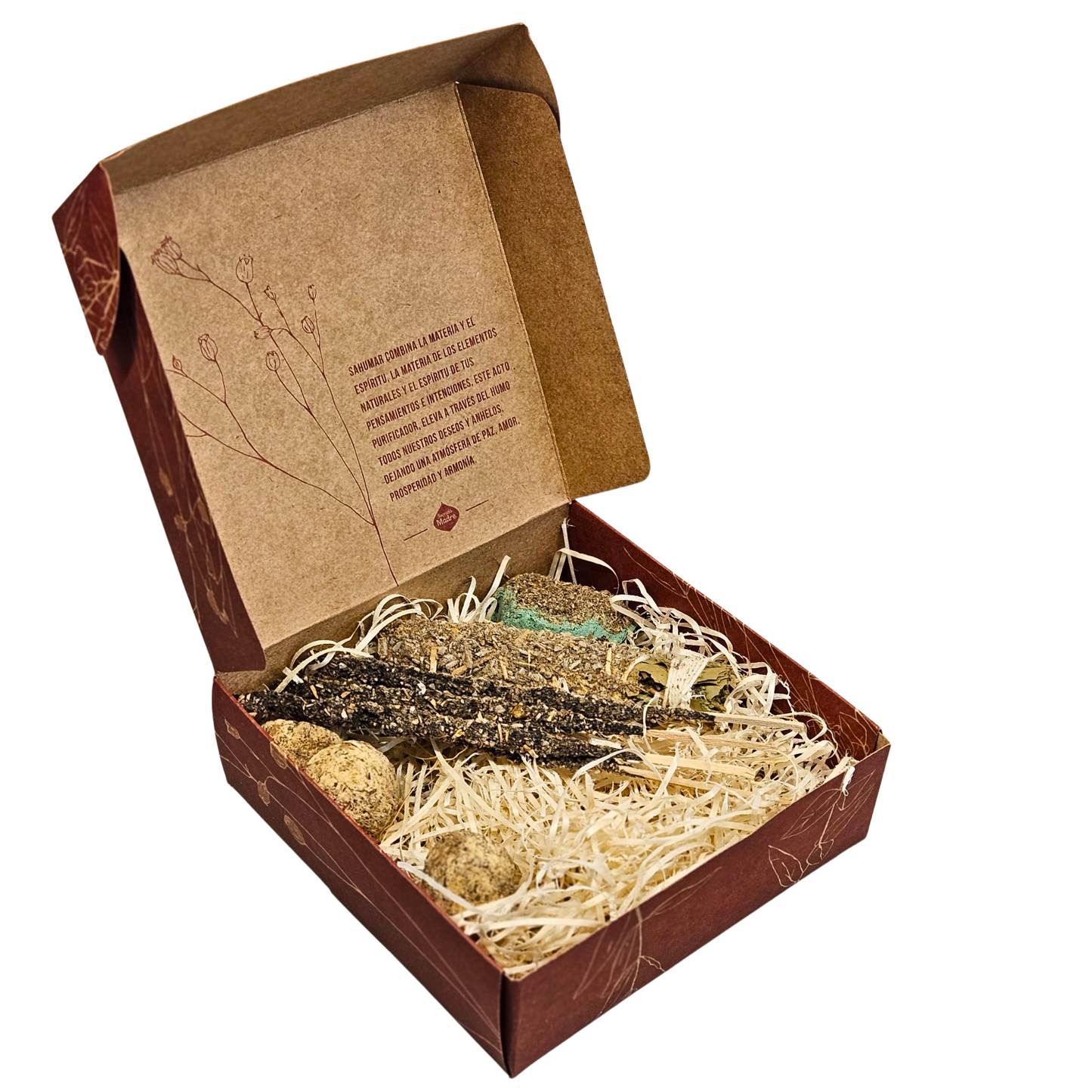 Geöffnete Herbal Kit Box Schutz von Sagrada Madre mit verschiedenen Räucherwerken und Beschreibung im Deckel – für Schutzrituale.