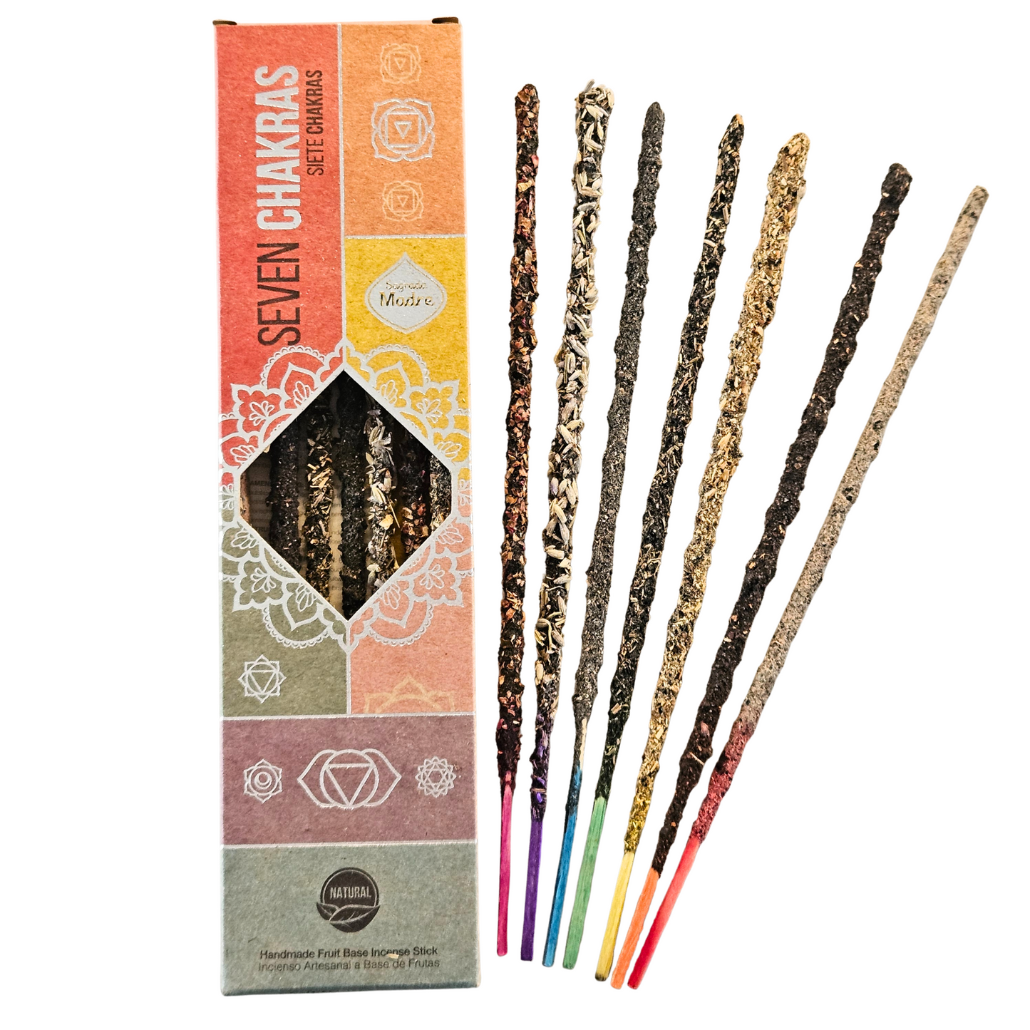 Sagrada Madre Chakra-Räucherstäbchen – Set mit sieben farbigen Sticks und bunter Verpackung.
