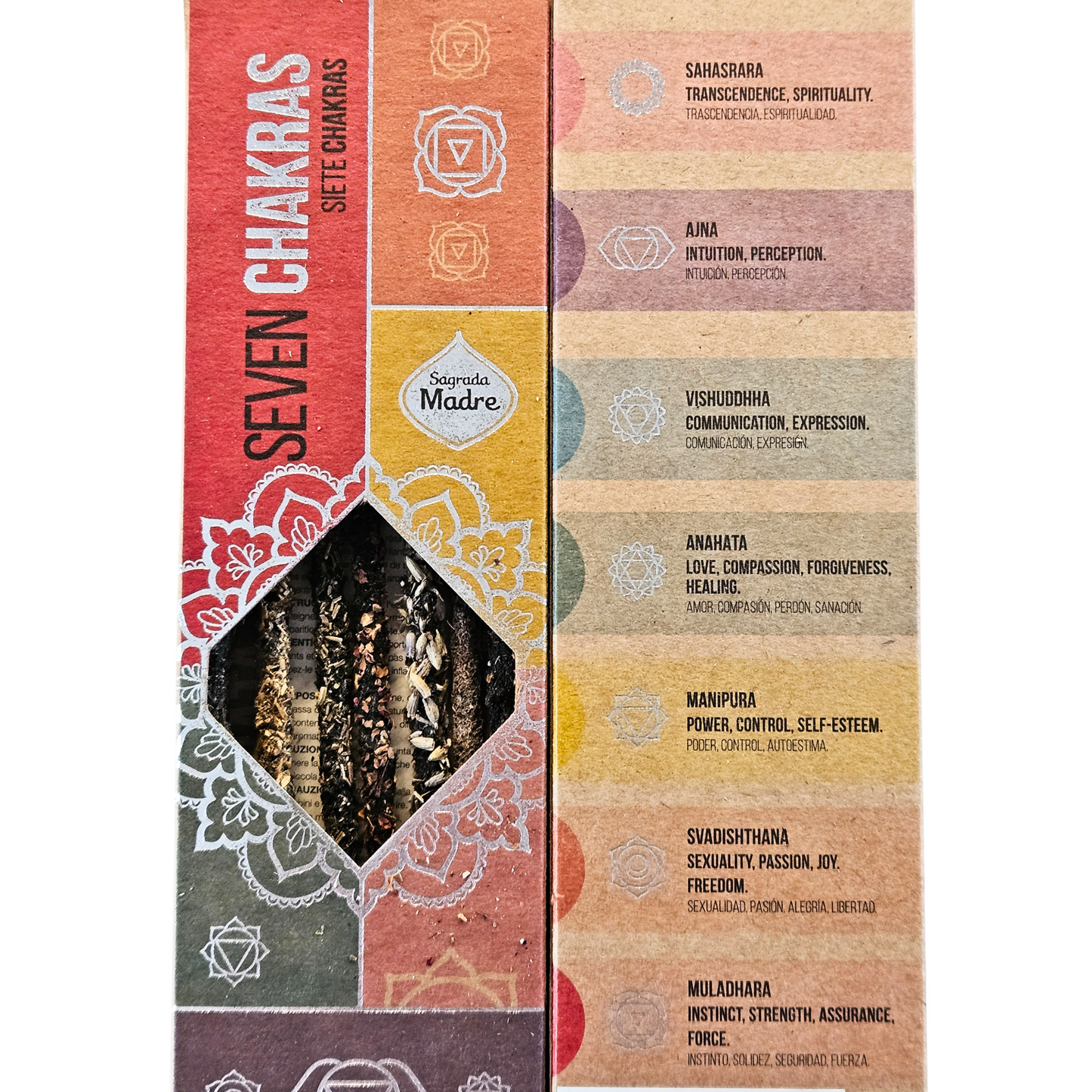 Sagrada Madre Chakra-Räucherstäbchen – Rückseite der Verpackung mit Symbolen und Bedeutungen der sieben Chakren.