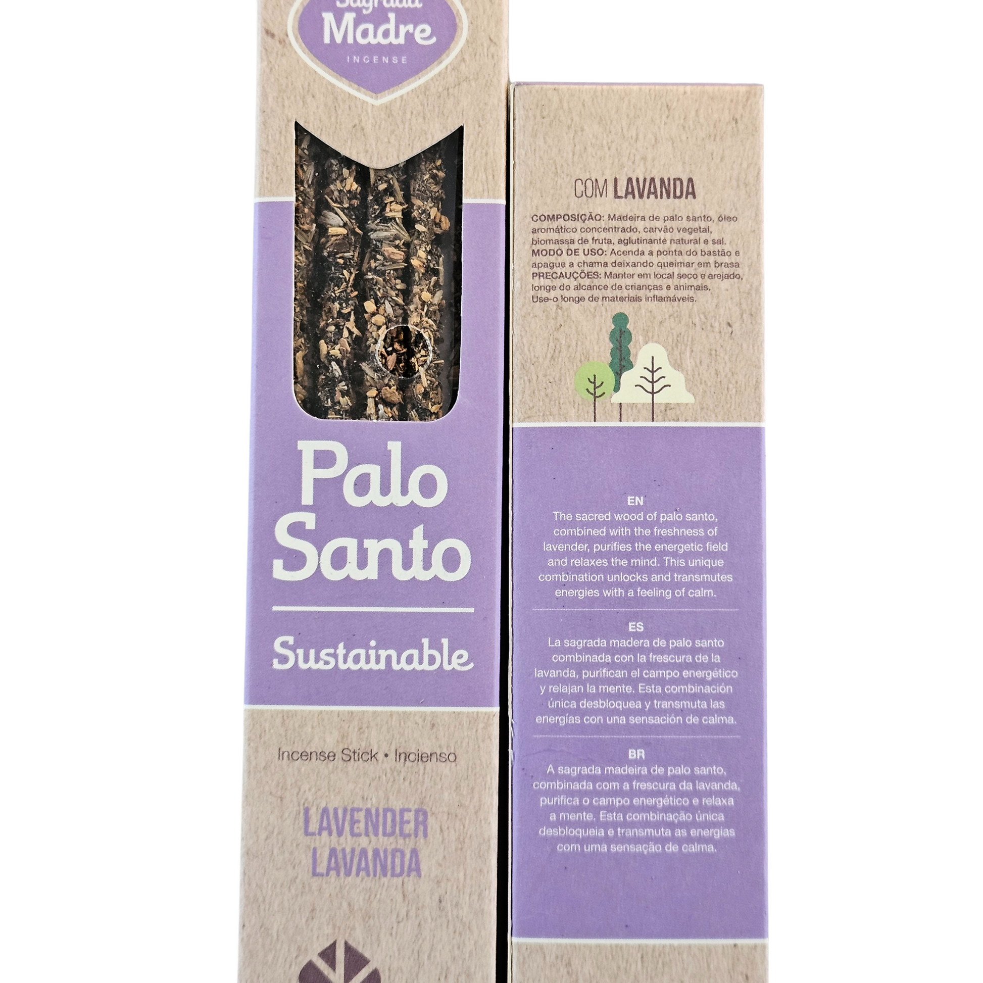 Sagrada Madre Palo Santo Räucherstäbchen mit Lavendel – nachhaltige Verpackung, Vorder- und Rückseite.