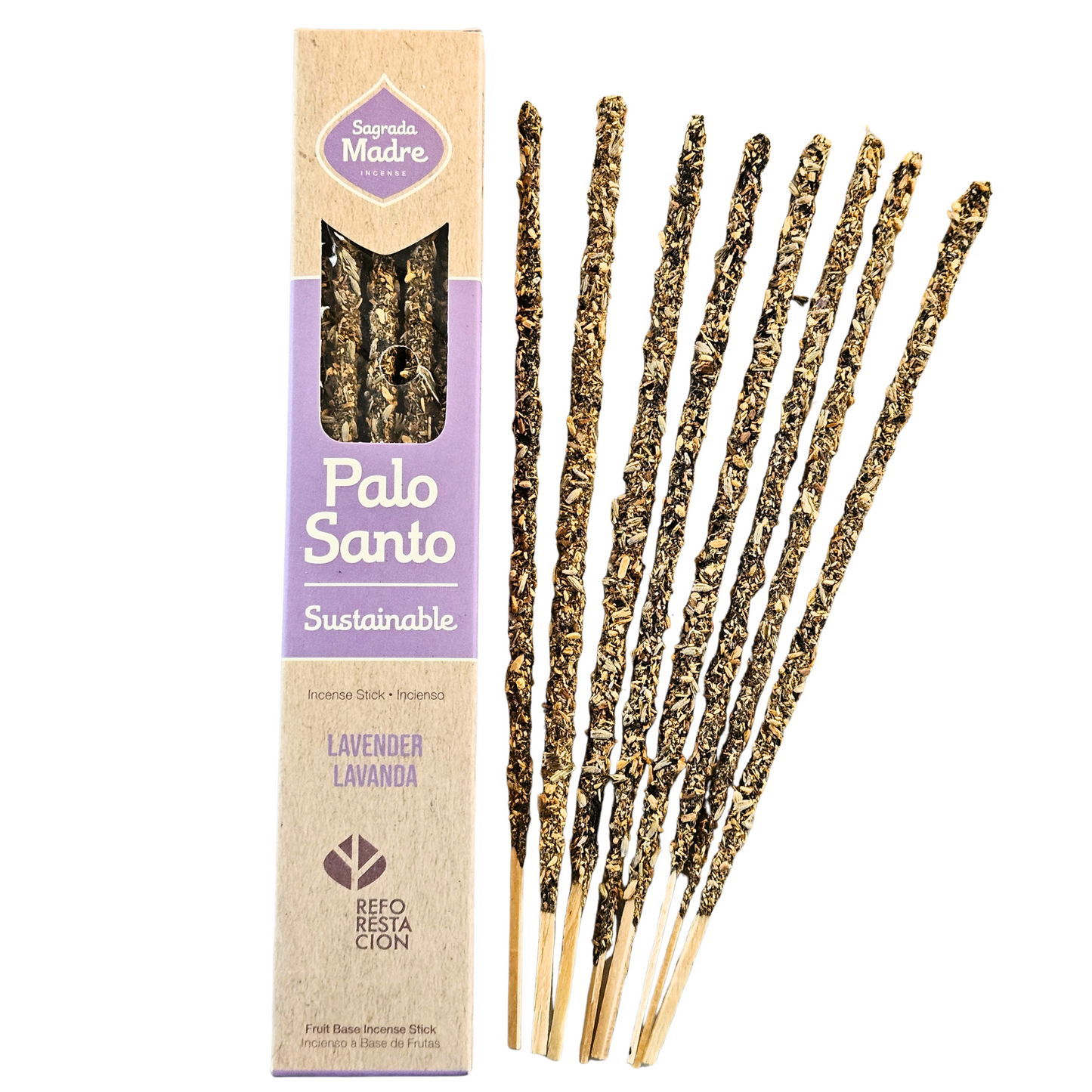Sagrada Madre Palo Santo Räucherstäbchen mit Lavendel – geöffnete Packung mit acht naturbelassenen Sticks.
