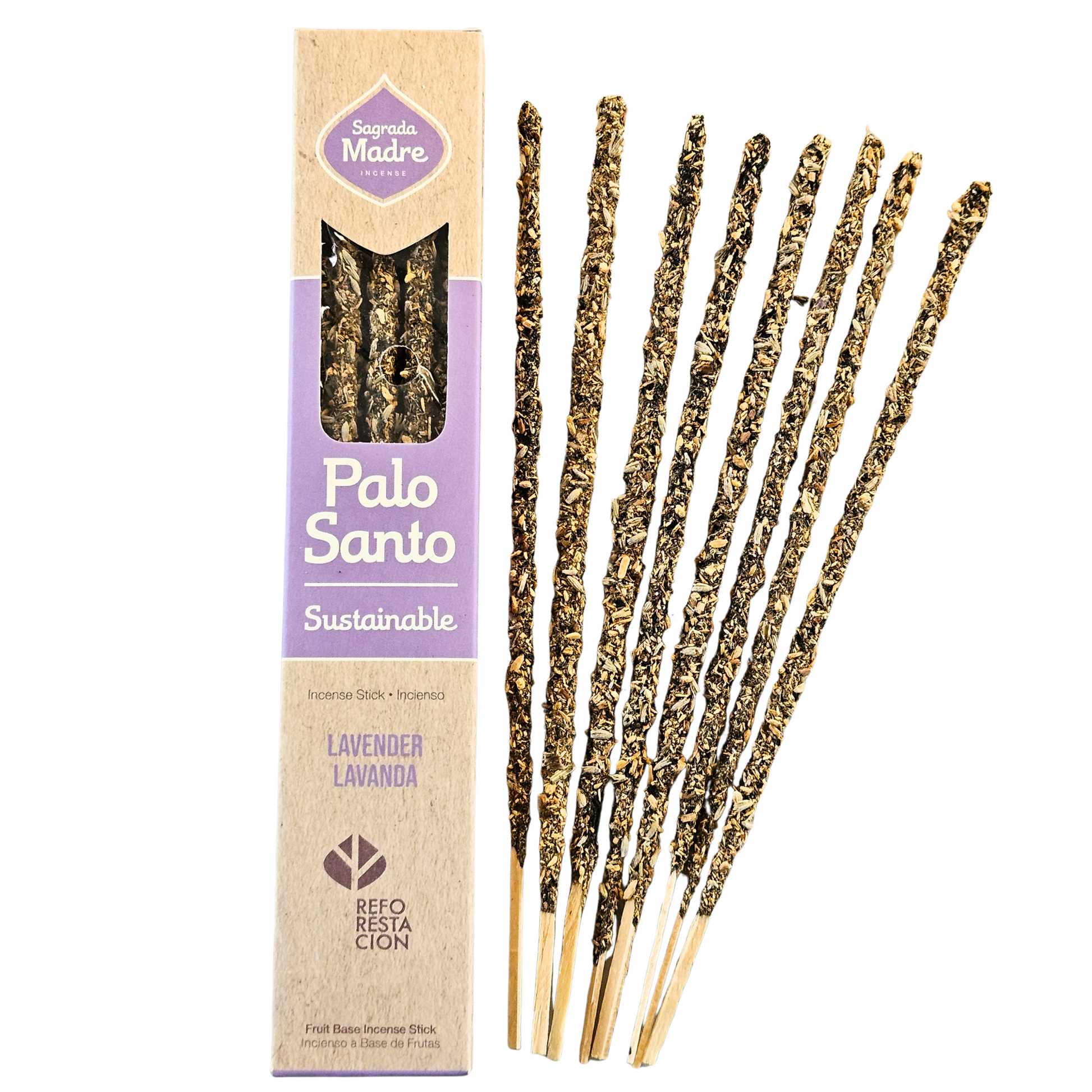 Sagrada Madre Palo Santo Räucherstäbchen mit Lavendel – geöffnete Packung mit acht naturbelassenen Sticks.