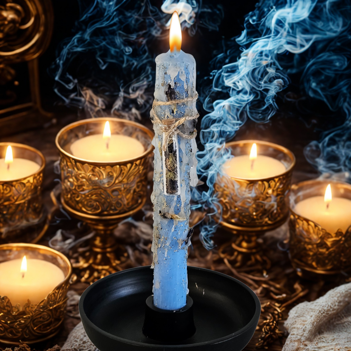 Ritualkerze Blau in Heilungs- und Friedenskerze mit Kamille und Butterfly Pea, handgemacht von DreamOn