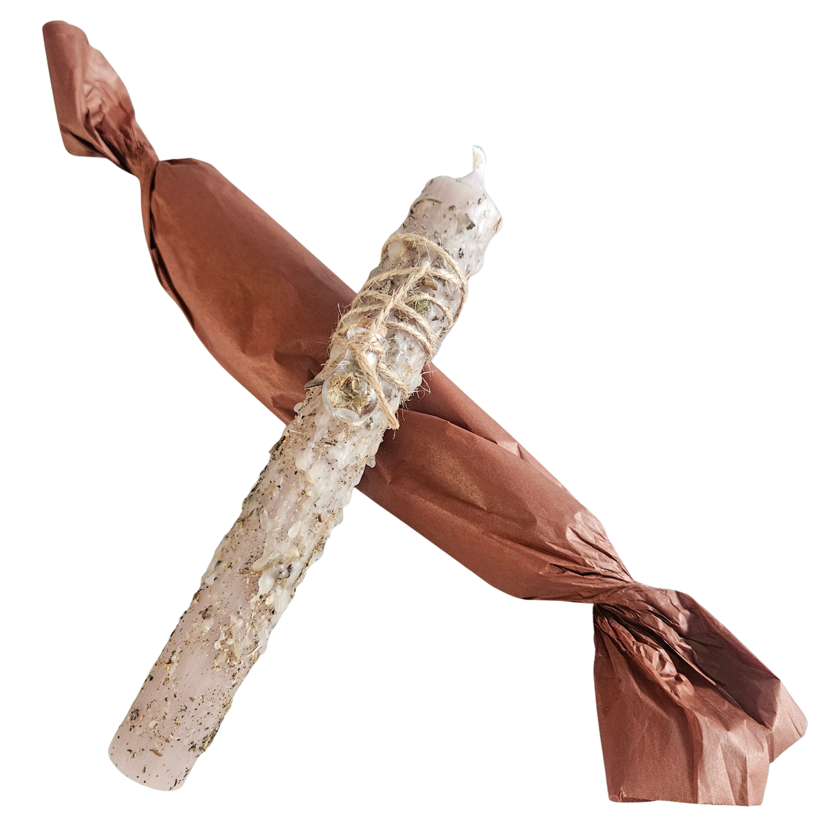 Handgemachte Ritualkerze Taupe für Loslassen und Vertrauen mit Kräutern und Geschenkverpackung