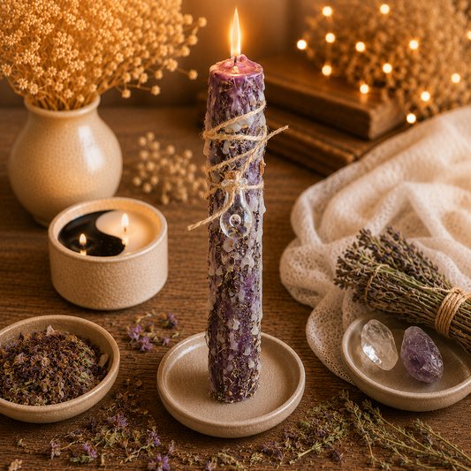 Ritualkerze Aubergine in Transformation und innere Stärke mit Vervain und Tulsi, DreamOn